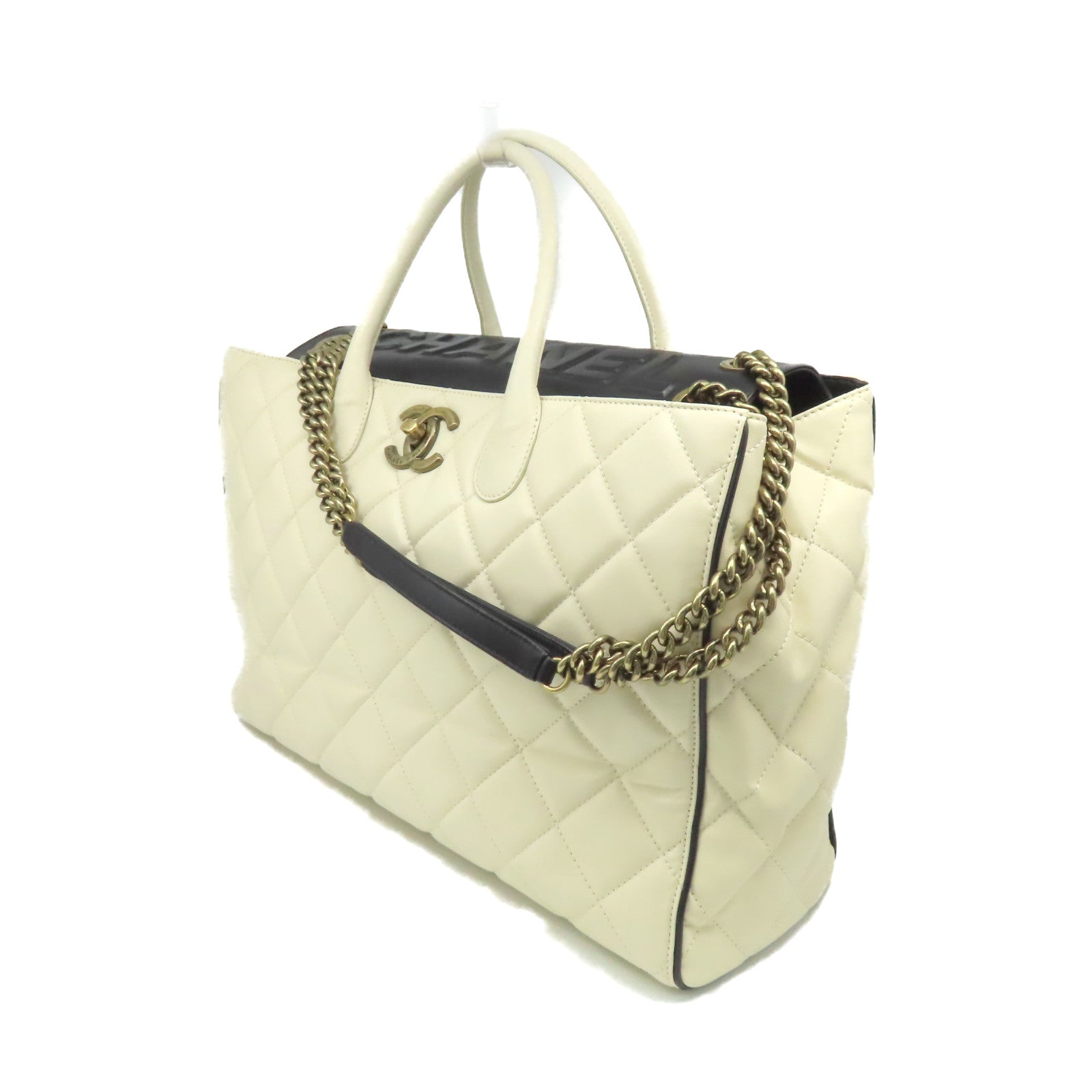 CHANEL 菱格牛皮皮革2Way Shoulder Bag金扣鏈帶手挽肩背兩用袋米白色/黑色