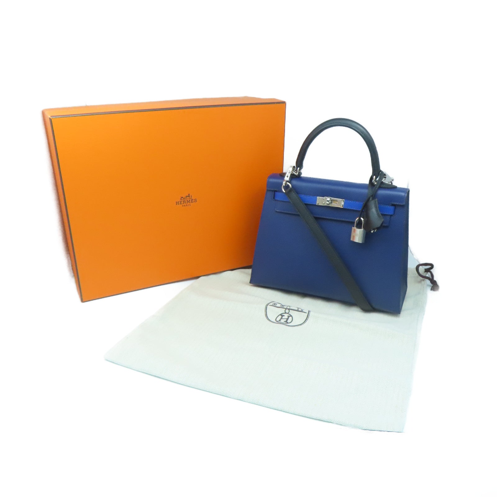 HERMES Epsom Leather Kelly 25 Silver Buckle Handle Shoulder Bag Sapphire Blue/Black