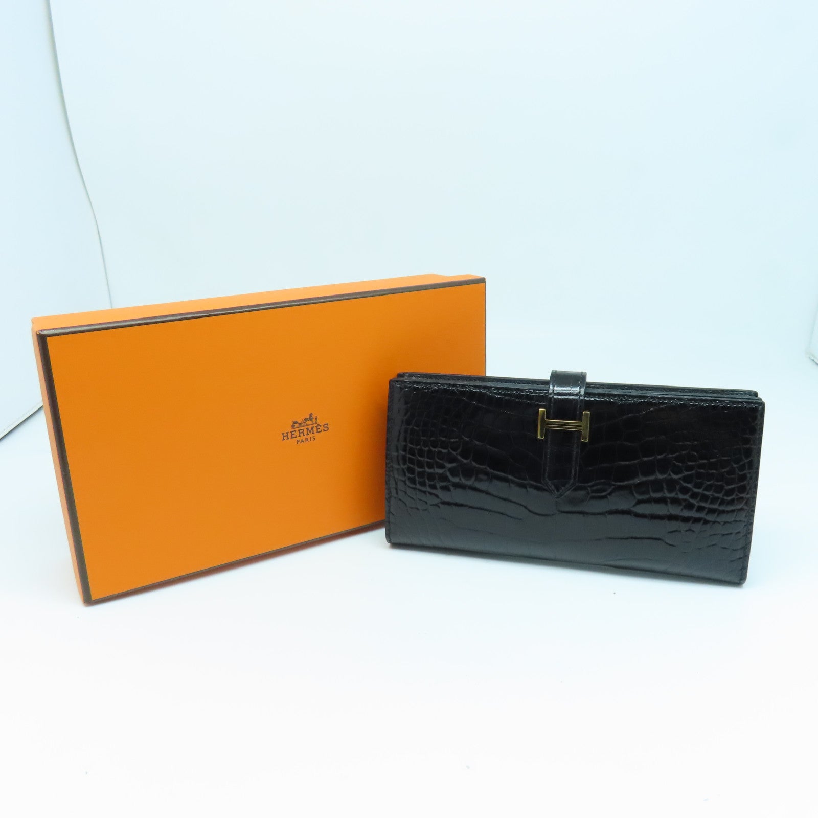HERMES 鱷魚皮革Bearn Wallet金扣長錢包黑色