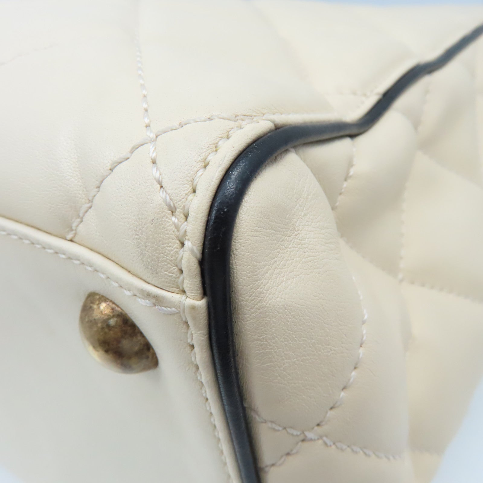 CHANEL 菱格牛皮皮革2Way Shoulder Bag金扣鏈帶手挽肩背兩用袋米白色/黑色