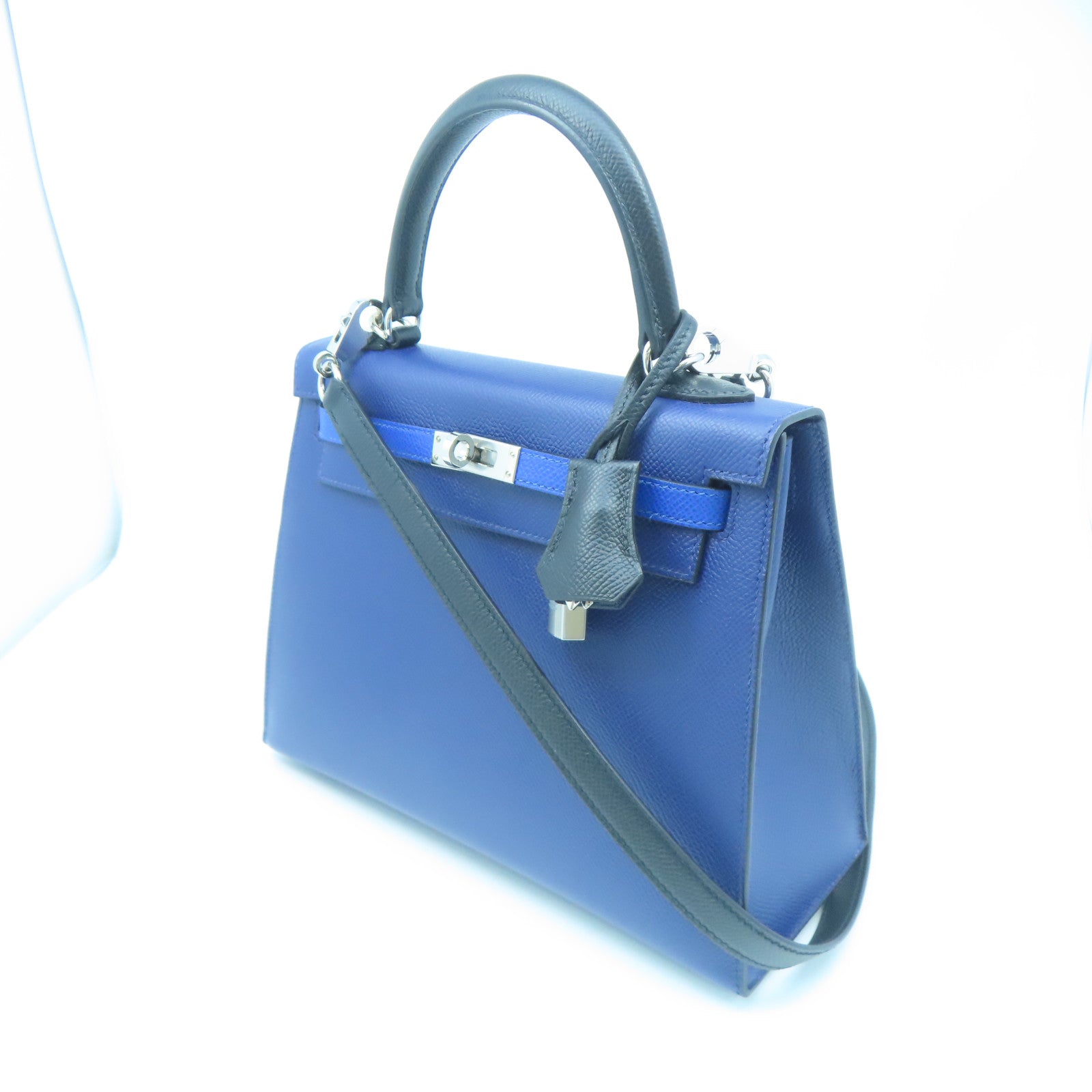 HERMES Epsom Leather Kelly 25 Silver Buckle Handle Shoulder Bag Sapphire Blue/Black