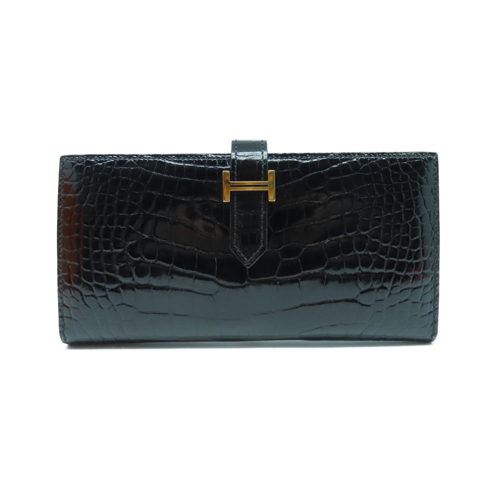 HERMES 鱷魚皮革Bearn Wallet金扣長錢包黑色