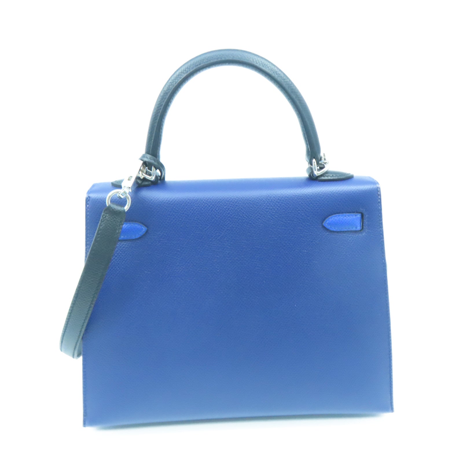 HERMES Epsom Leather Kelly 25 Silver Buckle Handle Shoulder Bag Sapphire Blue/Black