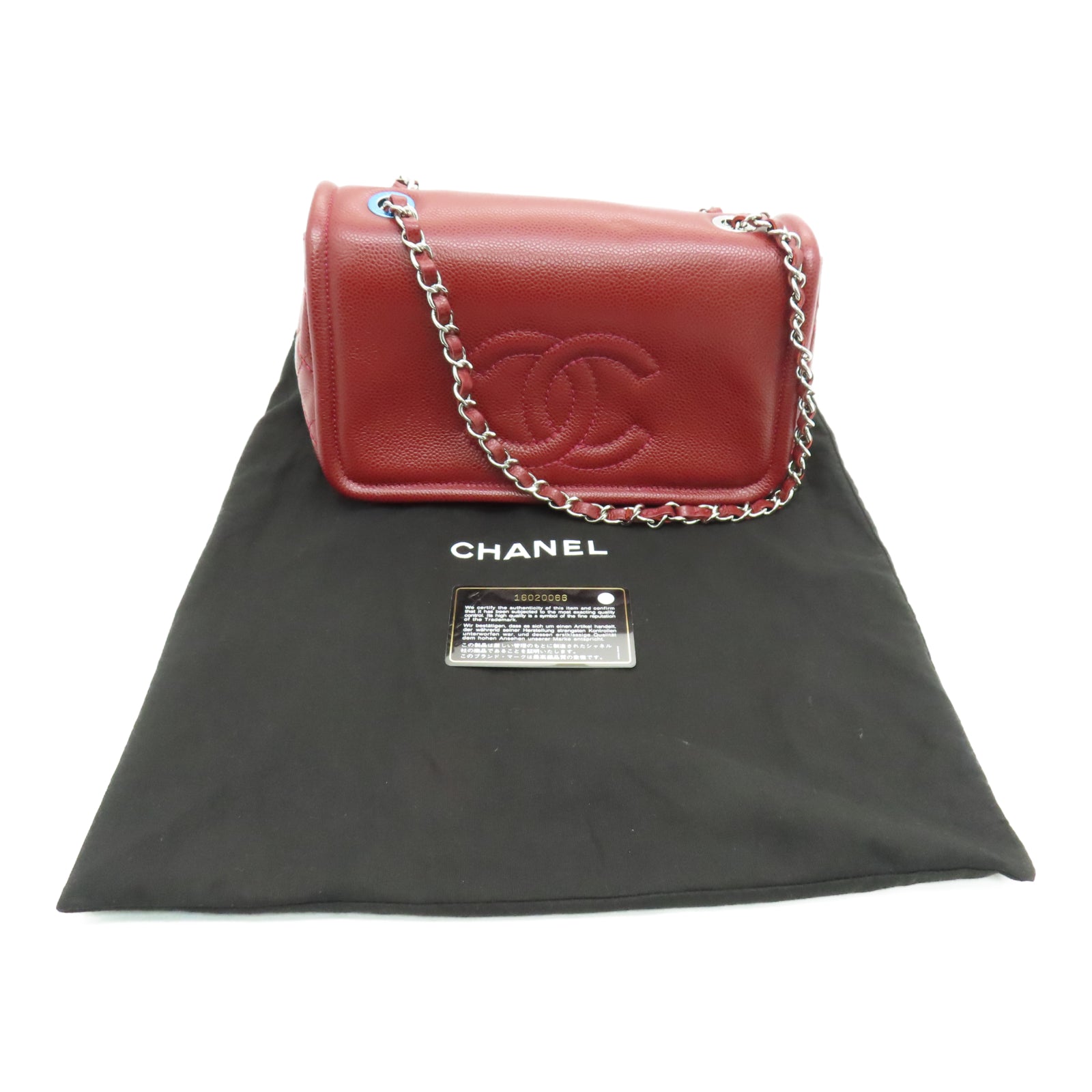 CHANEL 【激減優惠】菱格Caviar皮革Chain Shoulder銀扣鏈帶肩背袋紅色