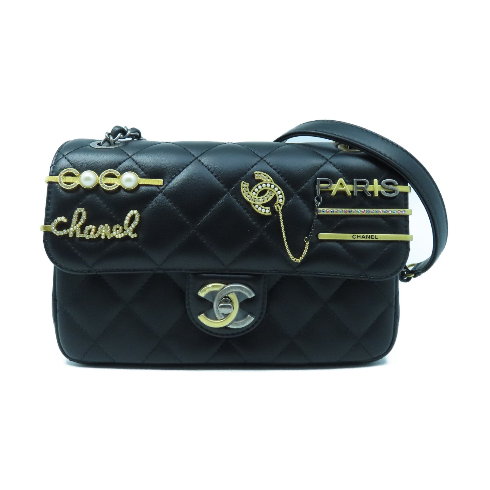 CHANEL Diamond Sheepskin Leather Pearl Hairpin Badge Chain Shoulder Bag Black