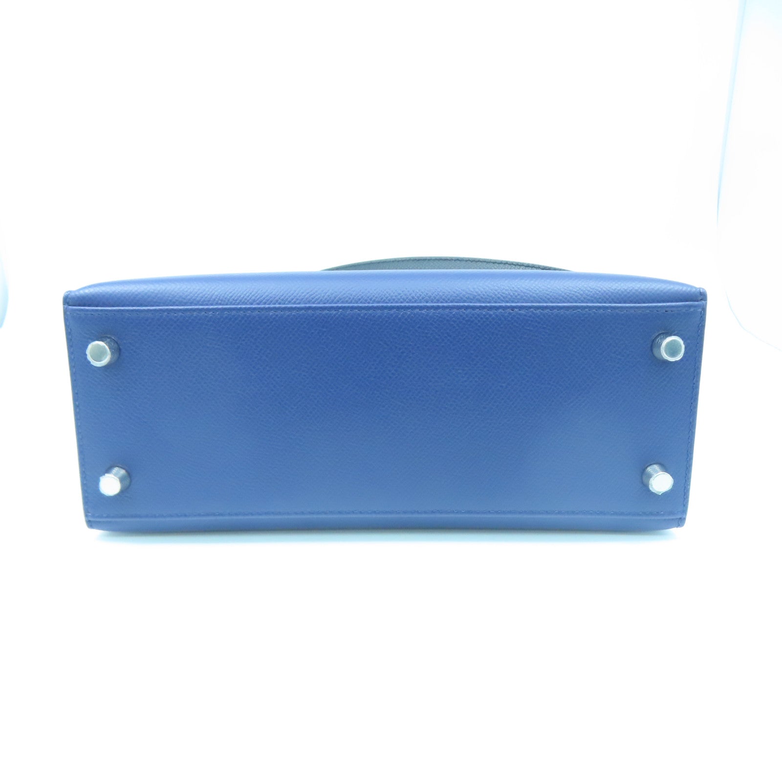 HERMES Epsom Leather Kelly 25 Silver Buckle Handle Shoulder Bag Sapphire Blue/Black