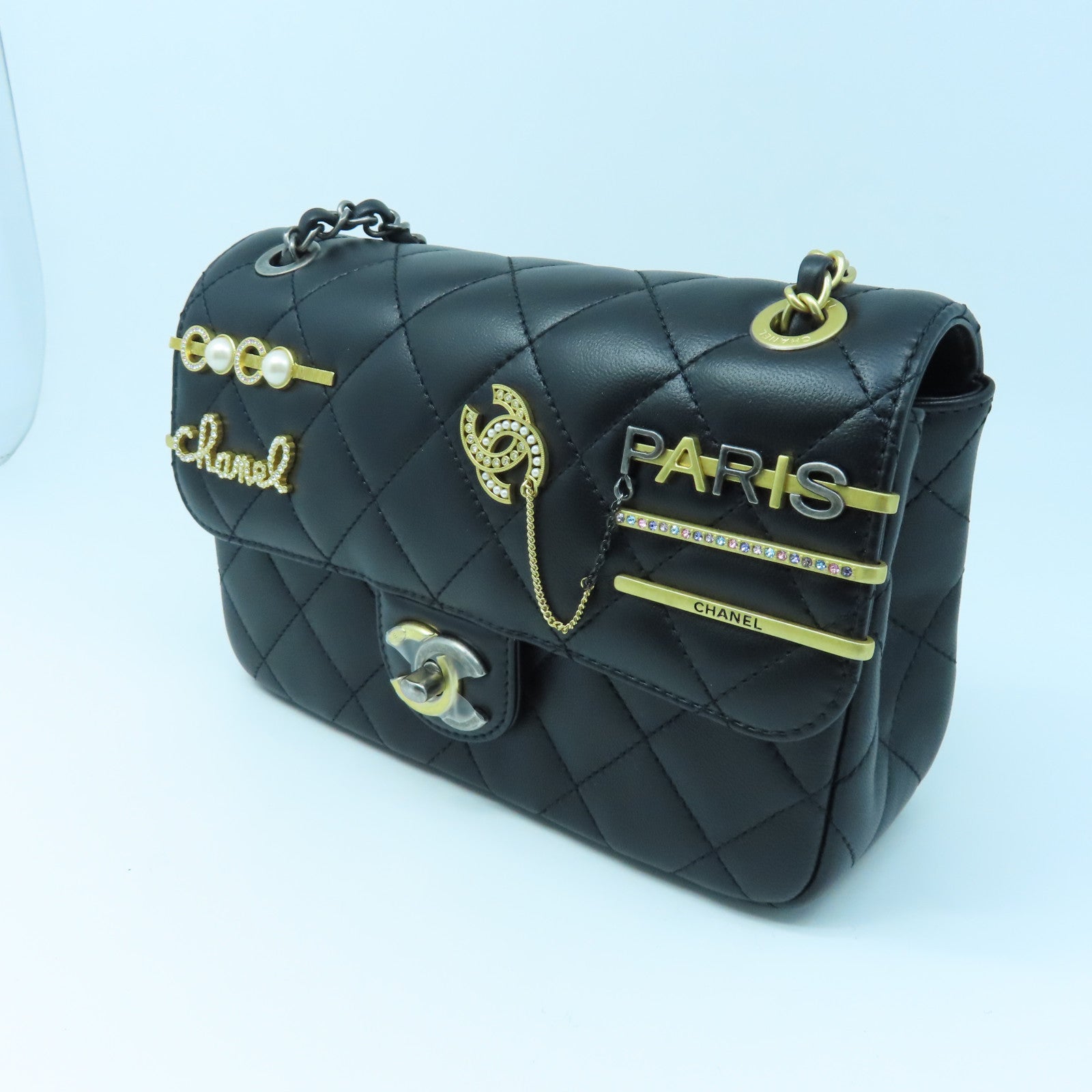 CHANEL Diamond Sheepskin Leather Pearl Hairpin Badge Chain Shoulder Bag Black