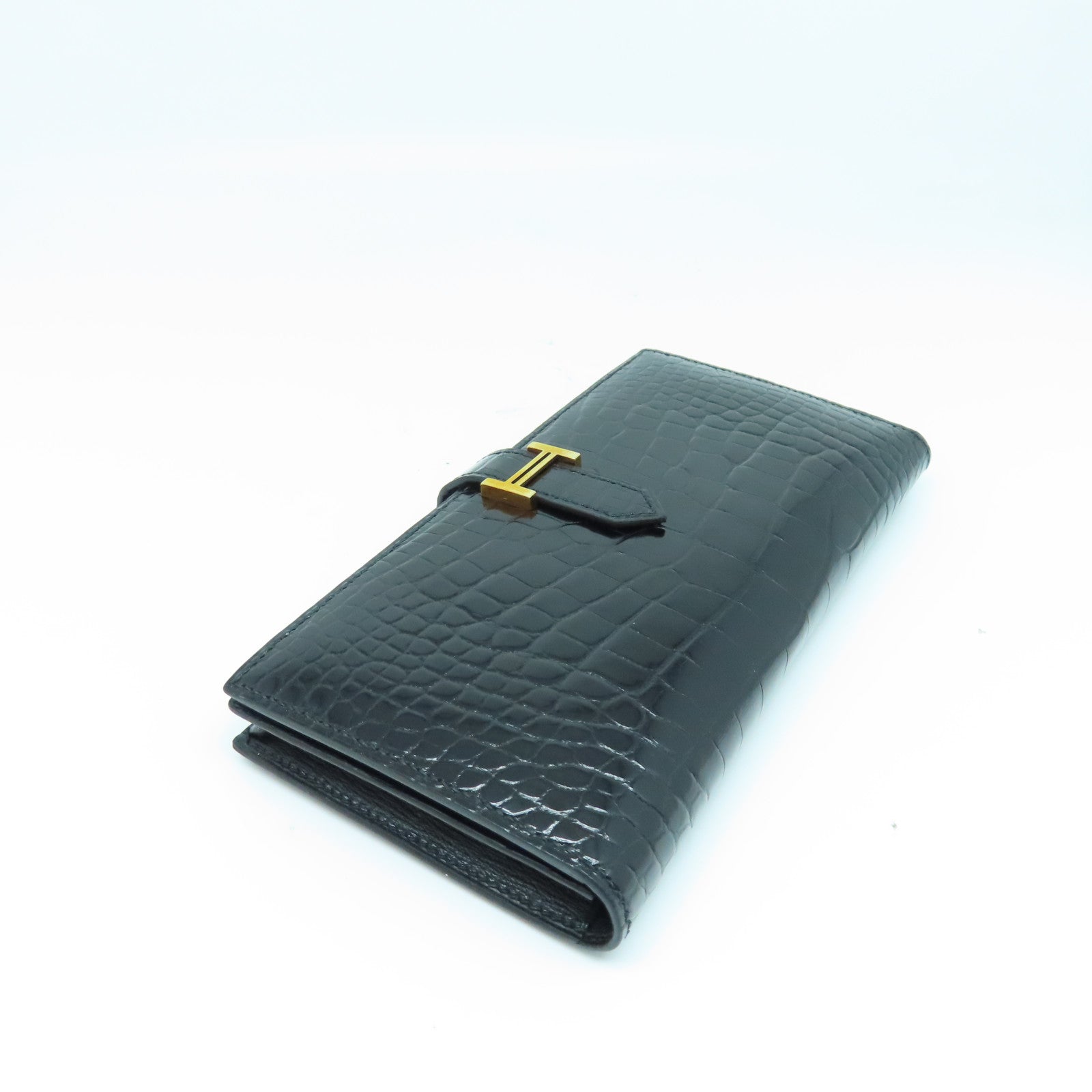 HERMES 鱷魚皮革Bearn Wallet金扣長錢包黑色