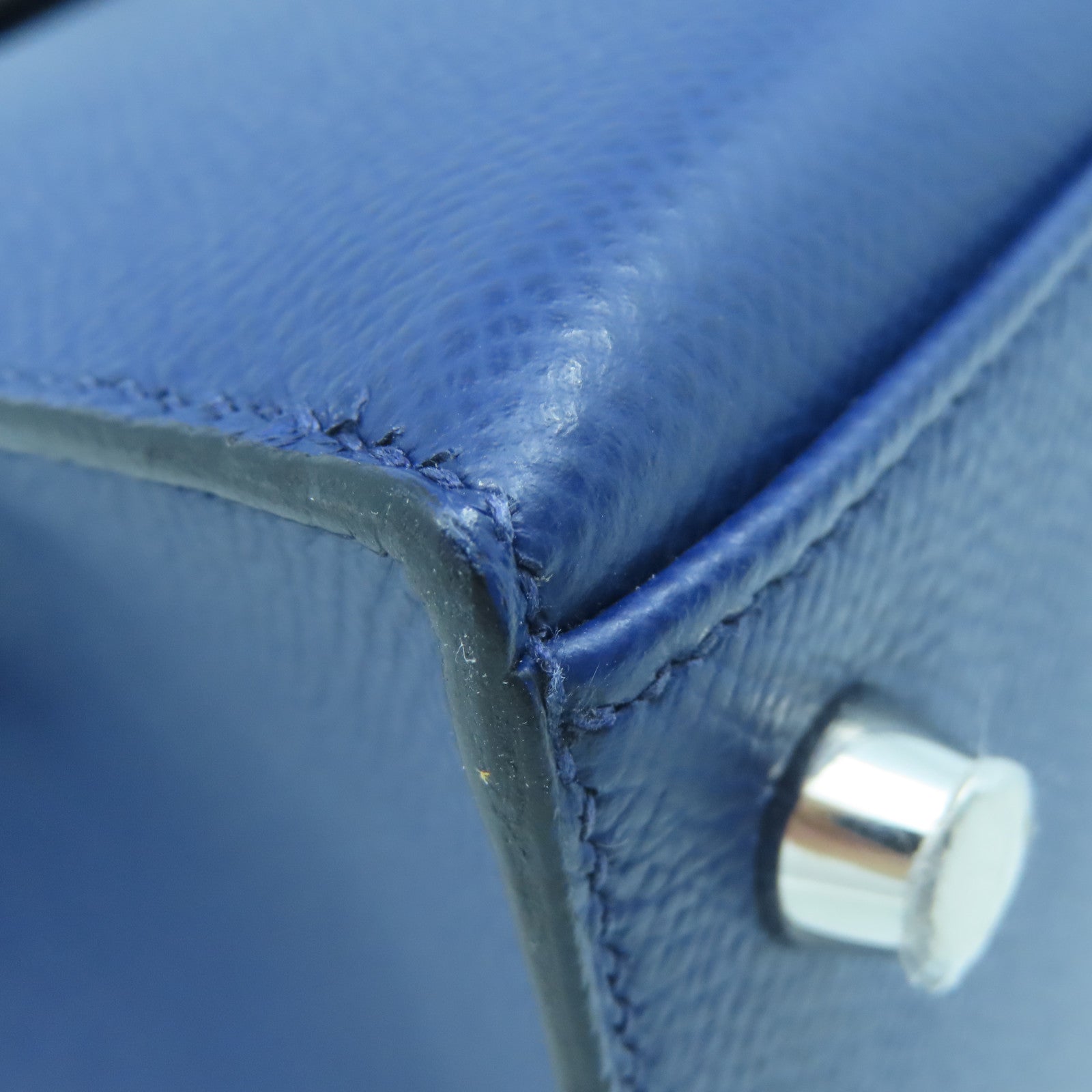 HERMES Epsom Leather Kelly 25 Silver Buckle Handle Shoulder Bag Sapphire Blue/Black