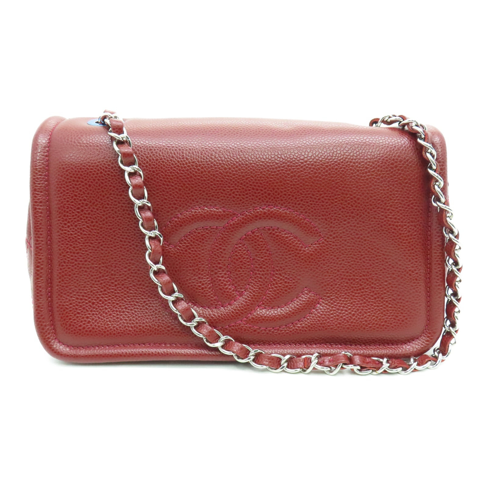 CHANEL 【激減優惠】菱格Caviar皮革Chain Shoulder銀扣鏈帶肩背袋紅色