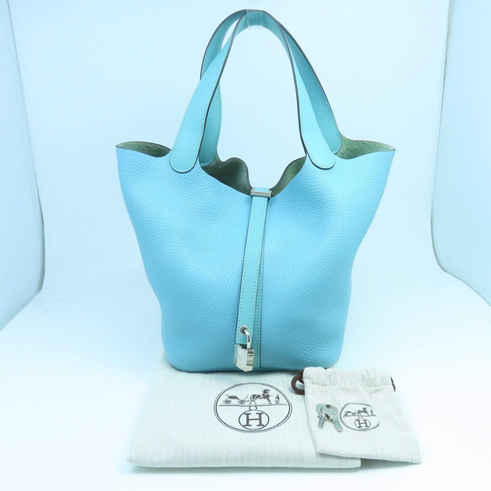 HERMES Clemence Leather Picotin Lock MM Silver Buckle Handle Bag Tiffany Blue