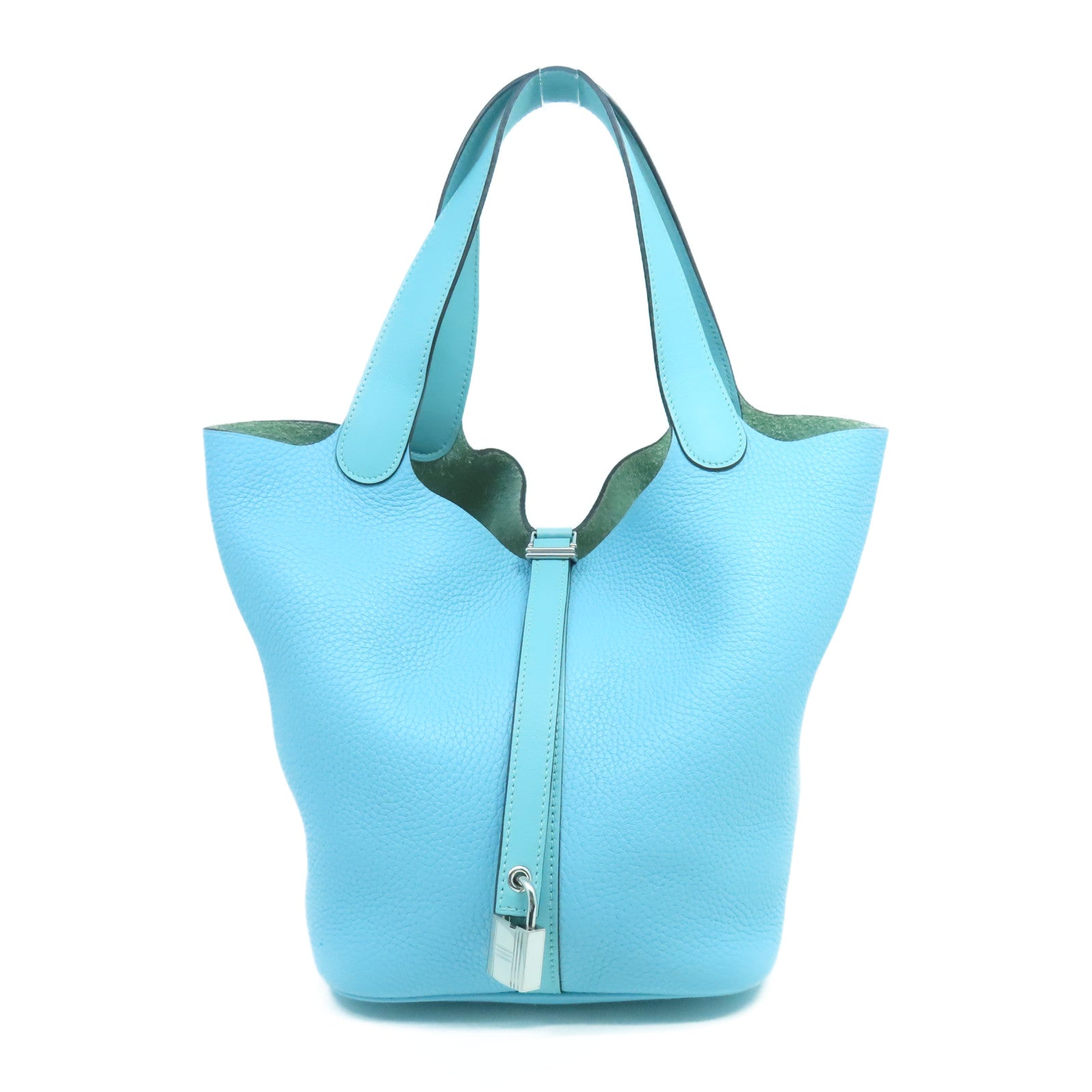 HERMES Clemence Leather Picotin Lock MM Silver Buckle Handle Bag Tiffany Blue