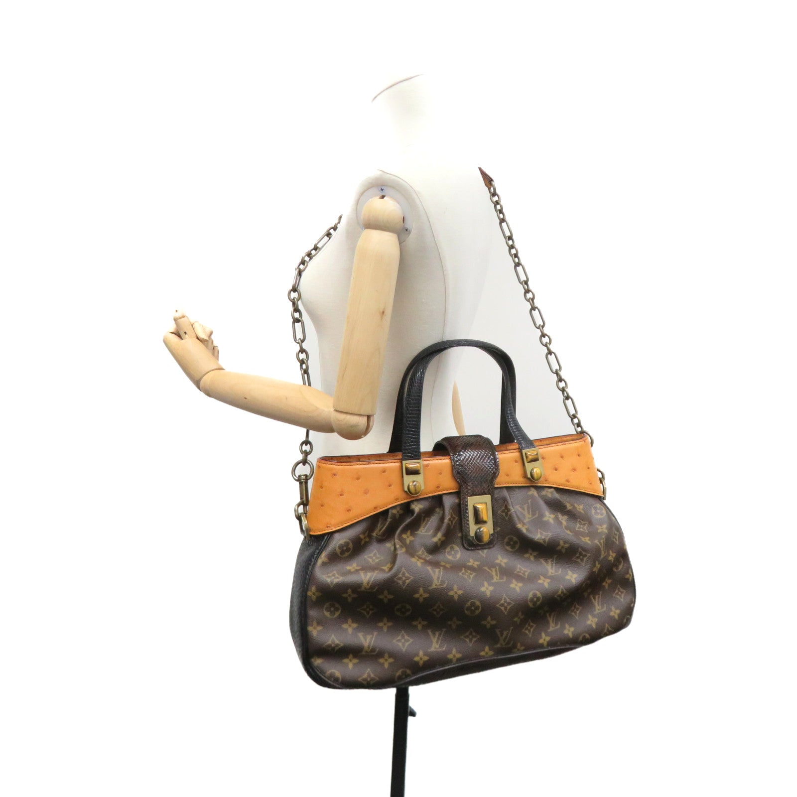 LOUIS VUITTON 【激減優惠】Monogram/駝鳥皮革/蛇皮皮革Oskar Waltz 2way Shoulder手挽肩背兩用袋啡色
