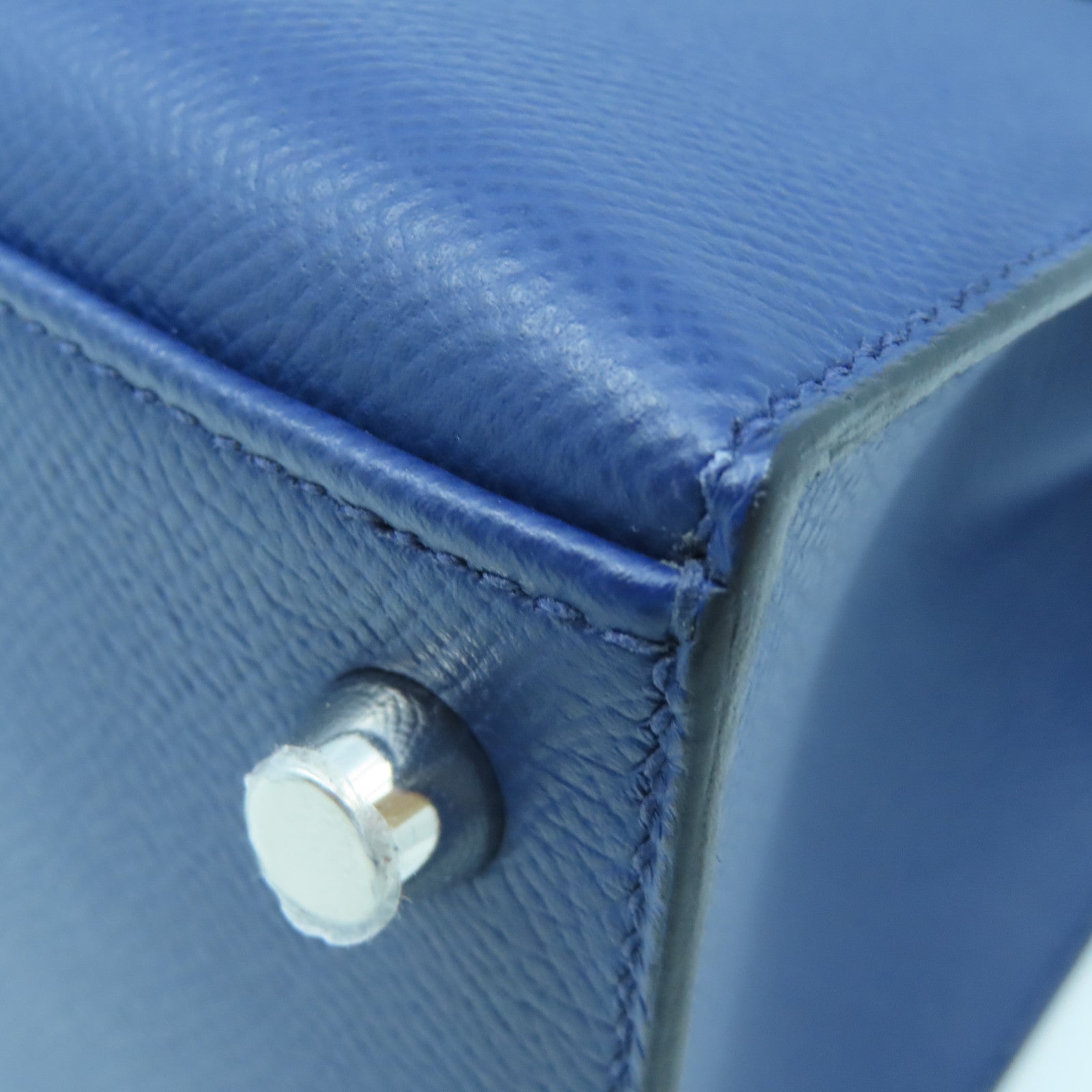 HERMES Epsom Leather Kelly 25 Silver Buckle Handle Shoulder Bag Sapphire Blue/Black