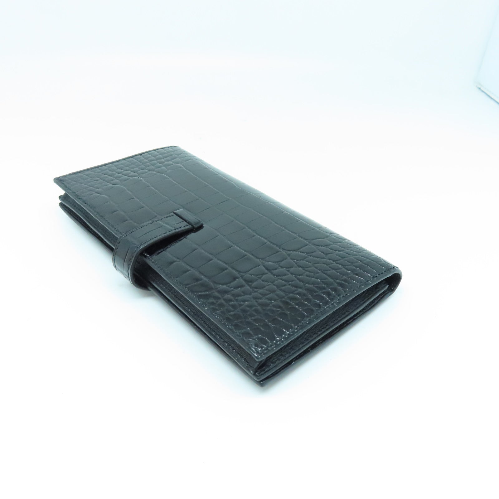 HERMES 鱷魚皮革Bearn Wallet金扣長錢包黑色