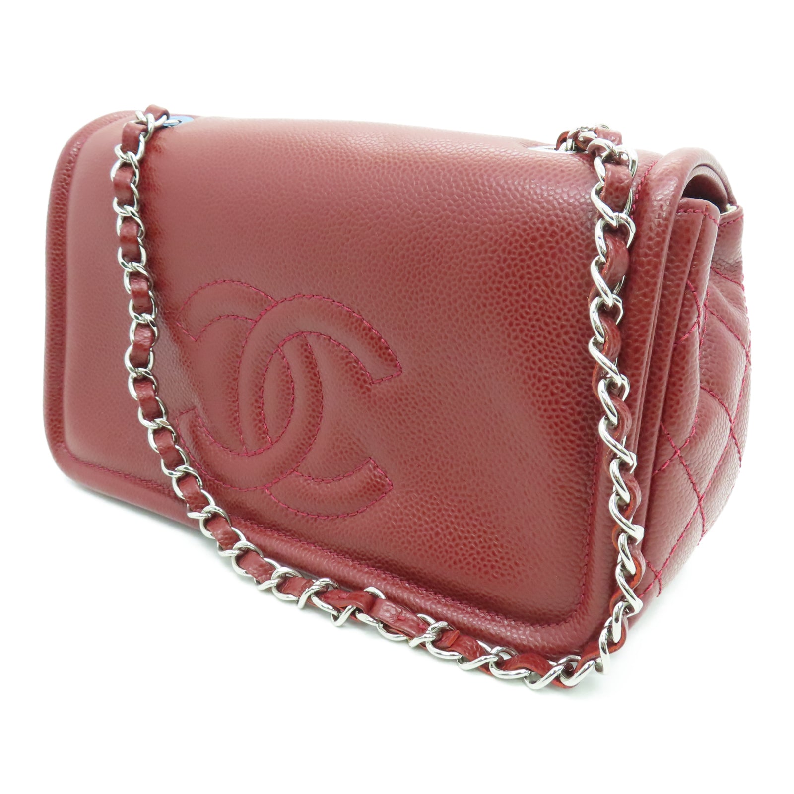 CHANEL 【激減優惠】菱格Caviar皮革Chain Shoulder銀扣鏈帶肩背袋紅色