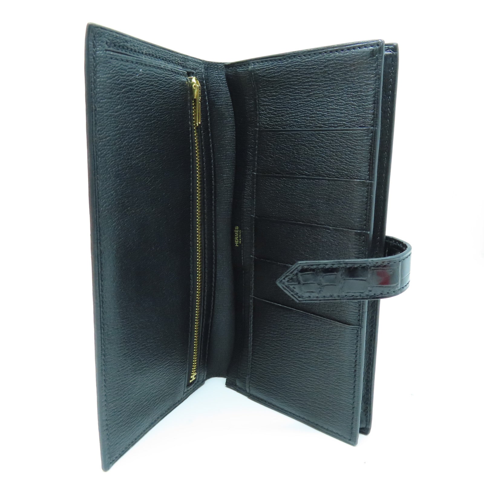 HERMES 鱷魚皮革Bearn Wallet金扣長錢包黑色