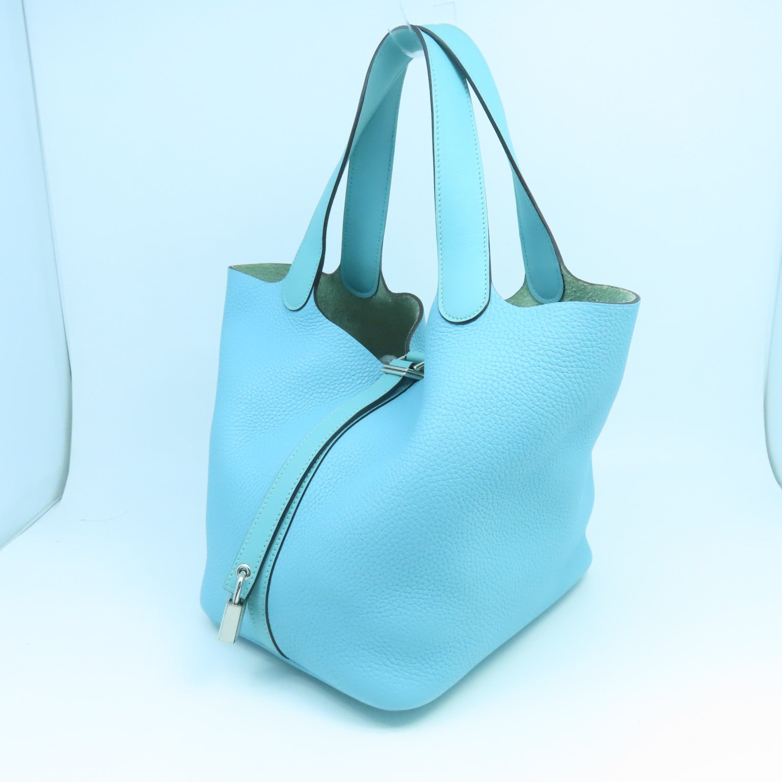 HERMES Clemence Leather Picotin Lock MM Silver Buckle Handle Bag Tiffany Blue