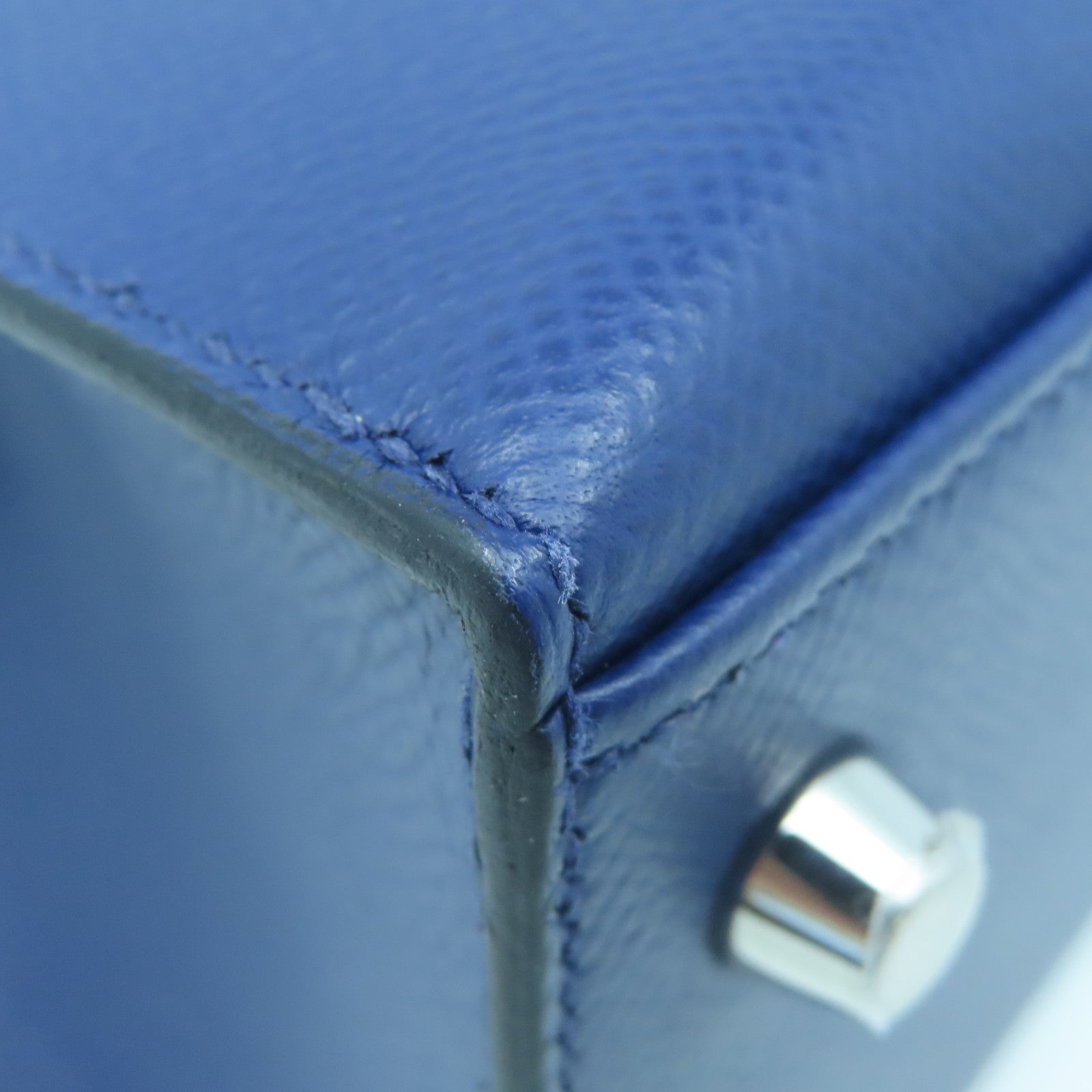 HERMES Epsom Leather Kelly 25 Silver Buckle Handle Shoulder Bag Sapphire Blue/Black