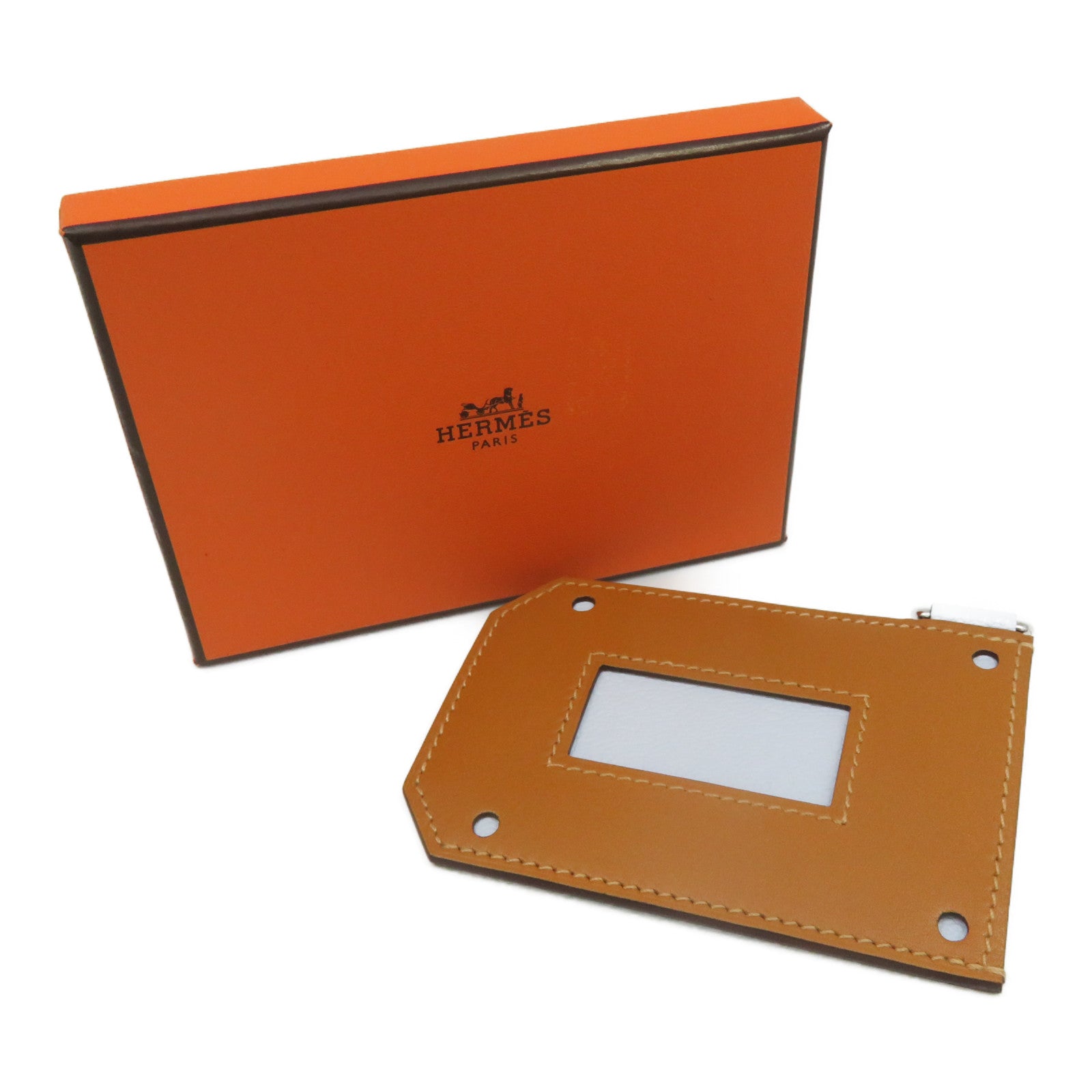 HERMES Chevre皮革Card Case银扣卡片套T0 Bleu Brume/37Gold浅蓝色/啡色