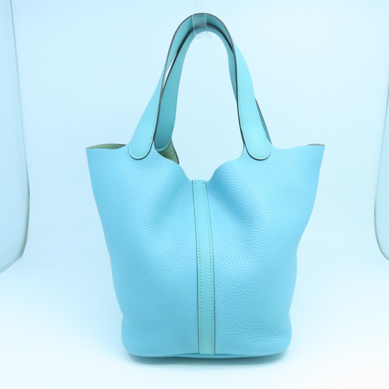 HERMES Clemence Leather Picotin Lock MM Silver Buckle Handle Bag Tiffany Blue