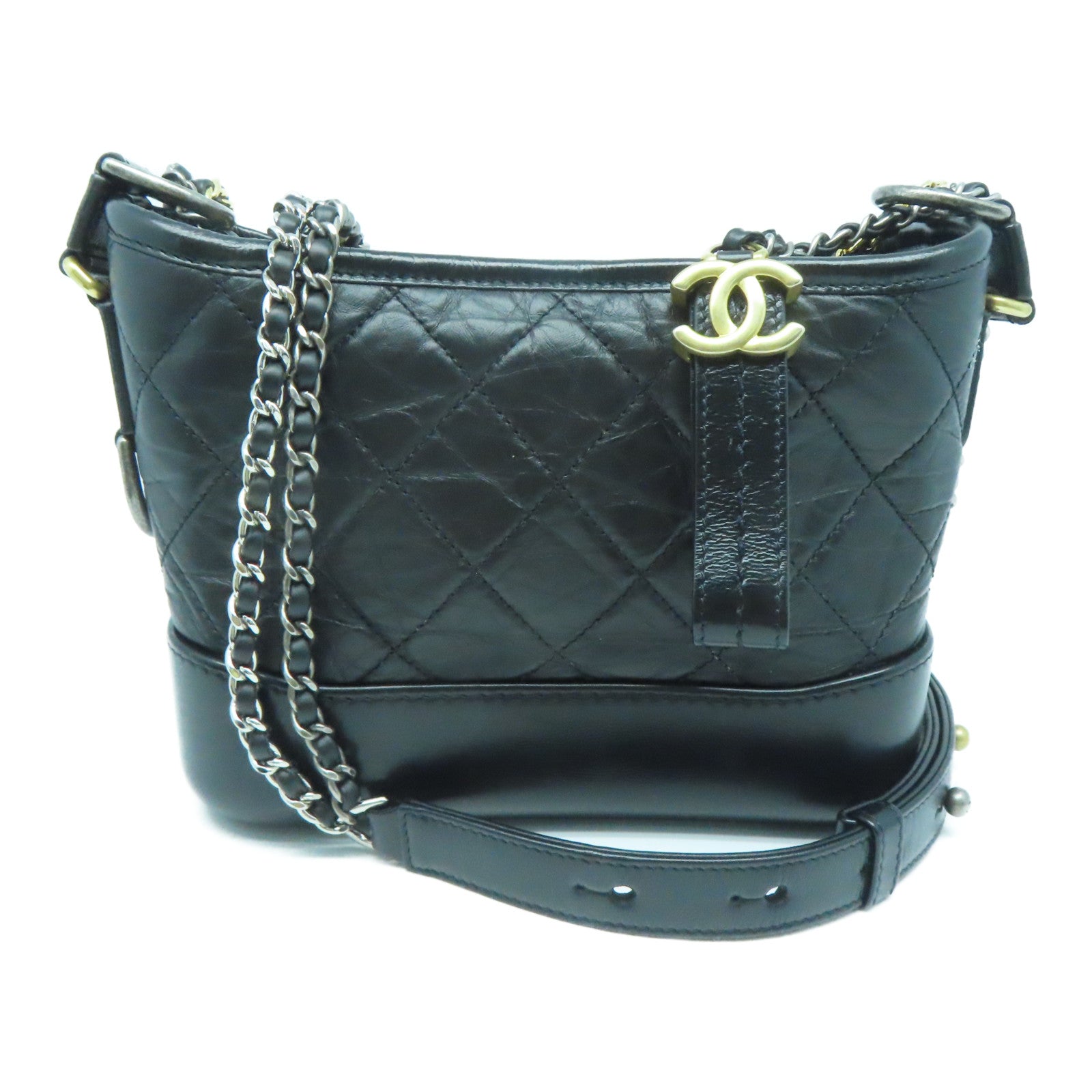 CHANEL 菱格牛皮皮革Gabrielle链带肩背袋黑色