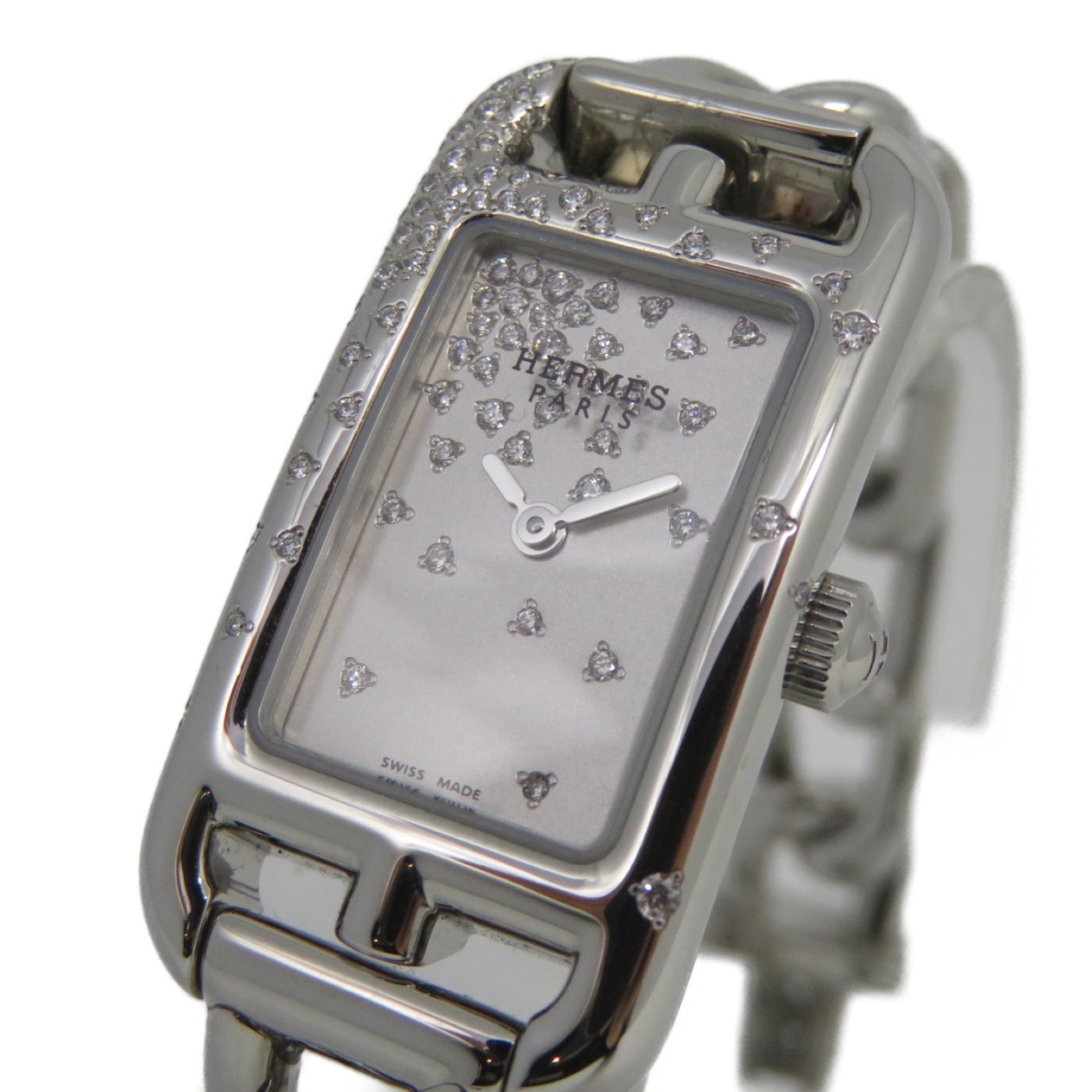 HERMES UHR Natucket Diamond Quartz Watch钻石/不锈钢手表石英机芯银色