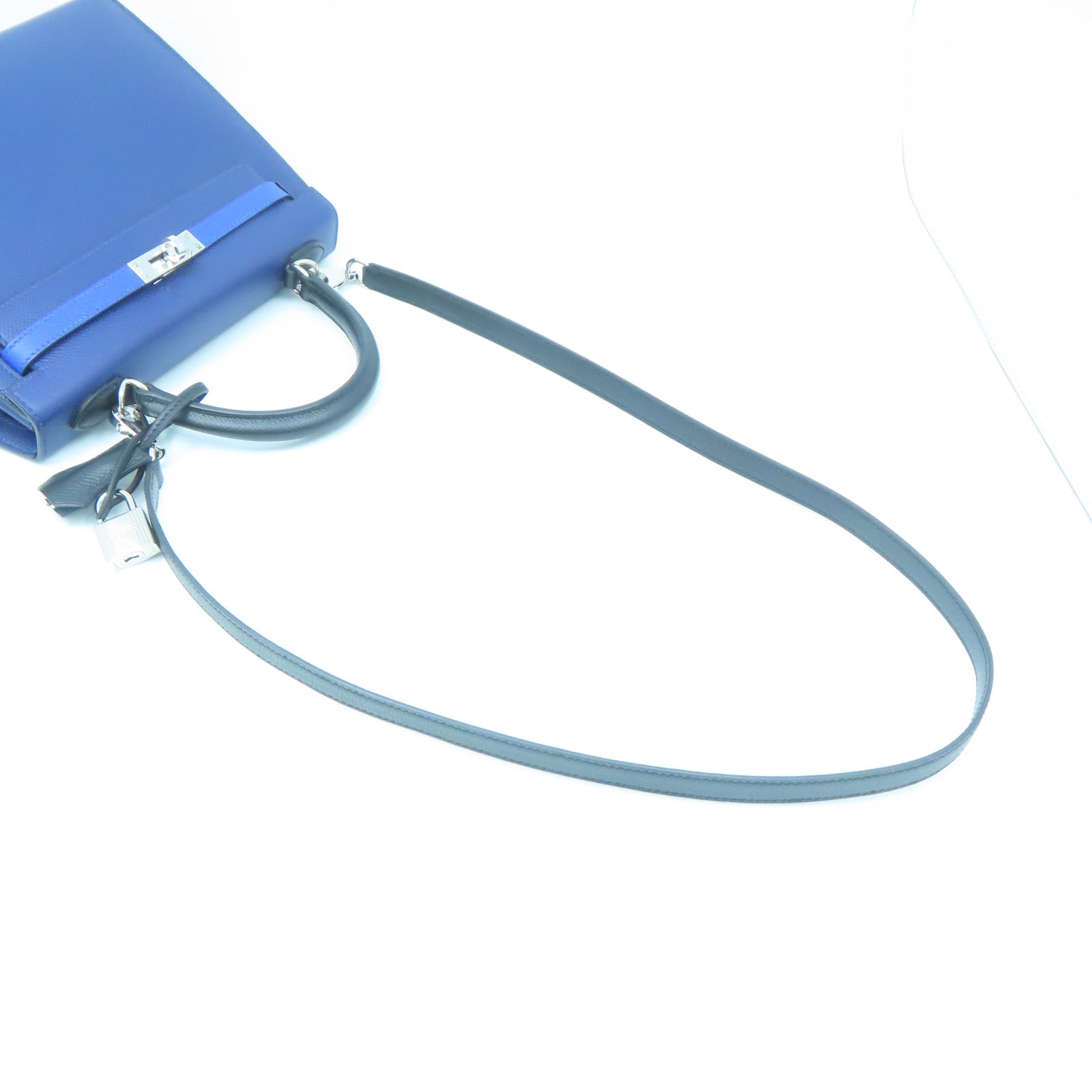HERMES Epsom Leather Kelly 25 Silver Buckle Handle Shoulder Bag Sapphire Blue/Black