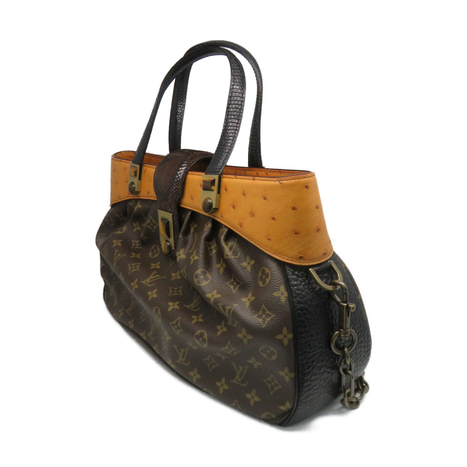 LOUIS VUITTON 【激減優惠】Monogram/駝鳥皮革/蛇皮皮革Oskar Waltz 2way Shoulder手挽肩背兩用袋啡色