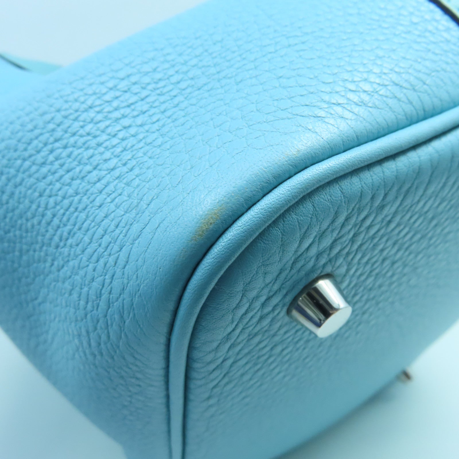 HERMES Clemence Leather Picotin Lock MM Silver Buckle Handle Bag Tiffany Blue