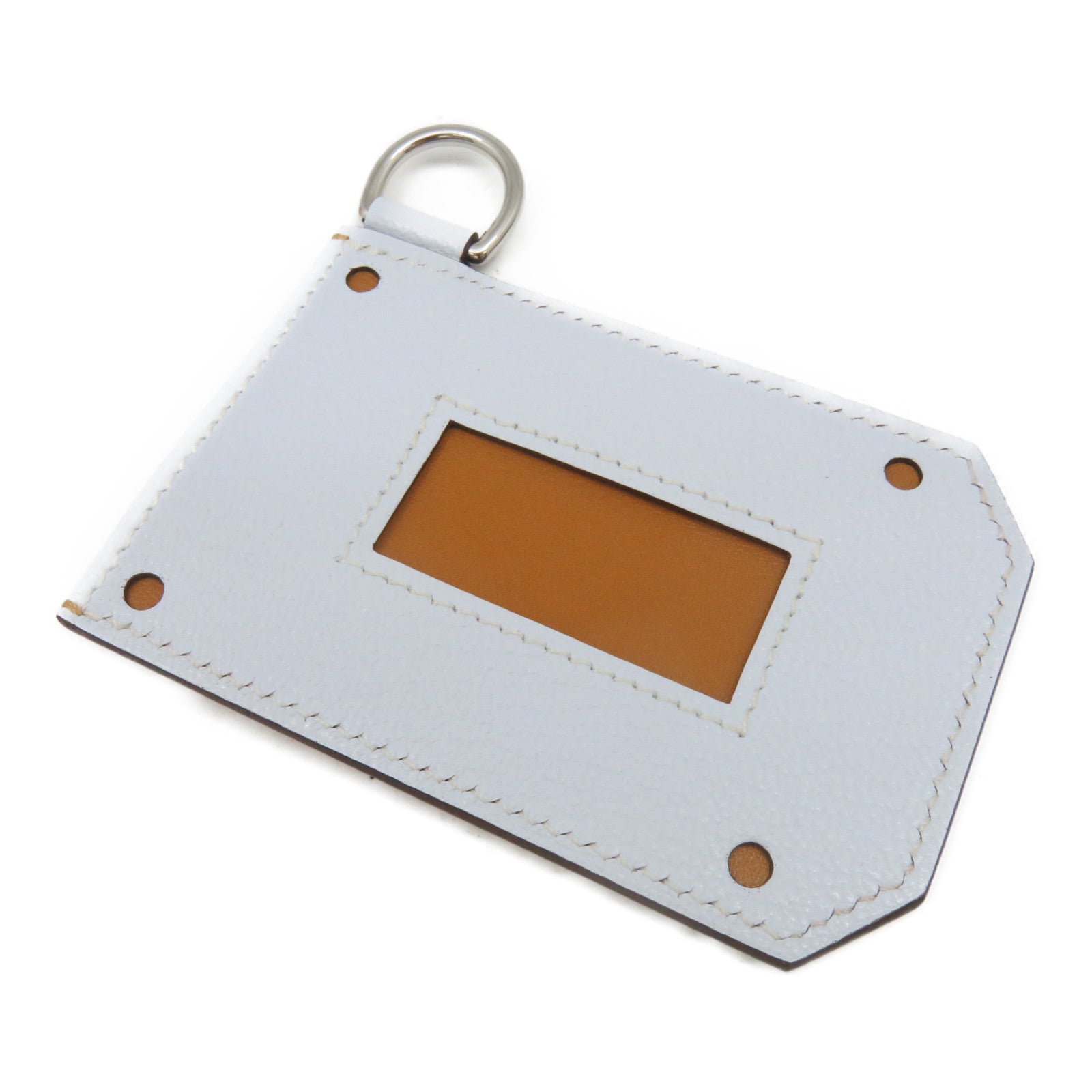 HERMES Chevre皮革Card Case银扣卡片套T0 Bleu Brume/37Gold浅蓝色/啡色