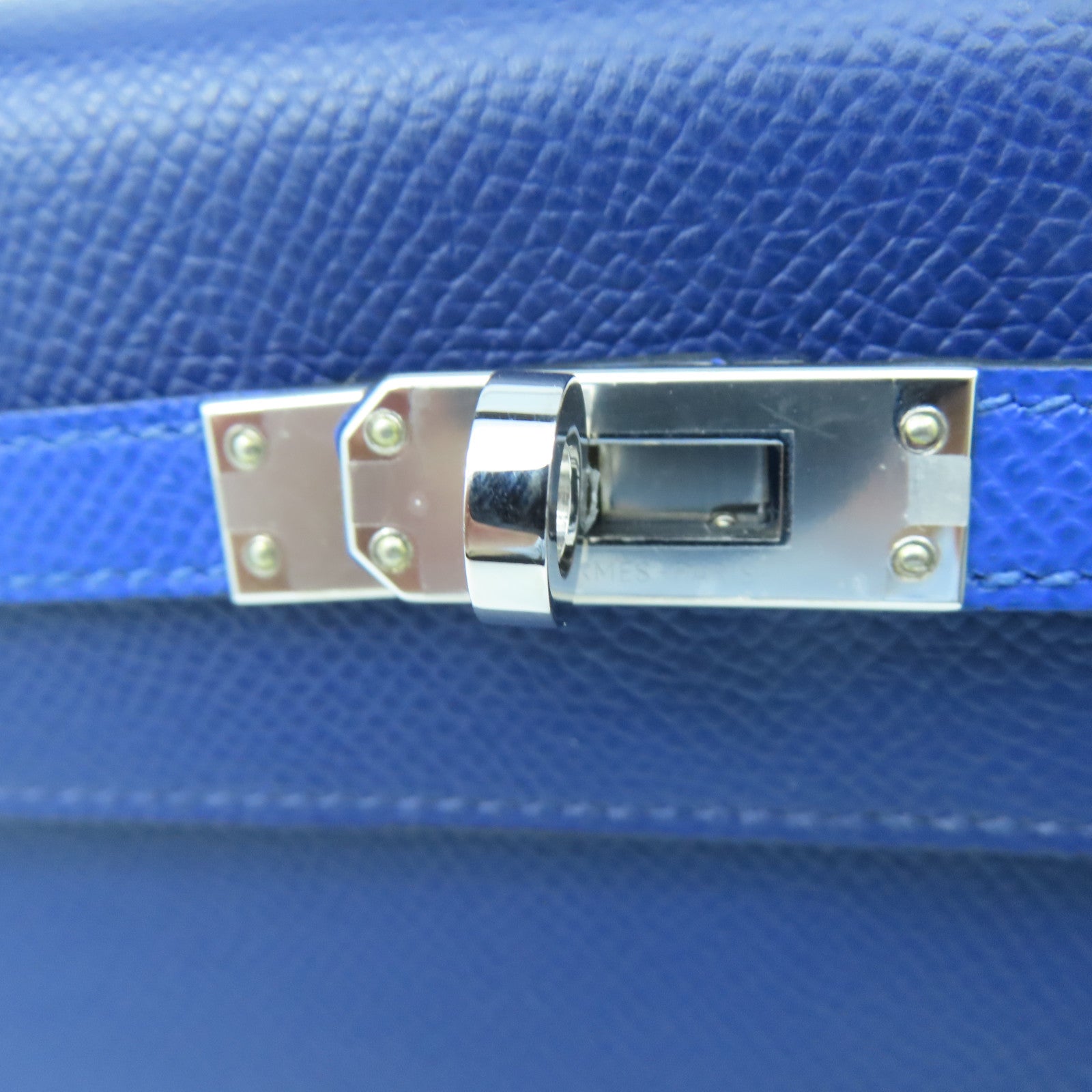 HERMES Epsom Leather Kelly 25 Silver Buckle Handle Shoulder Bag Sapphire Blue/Black