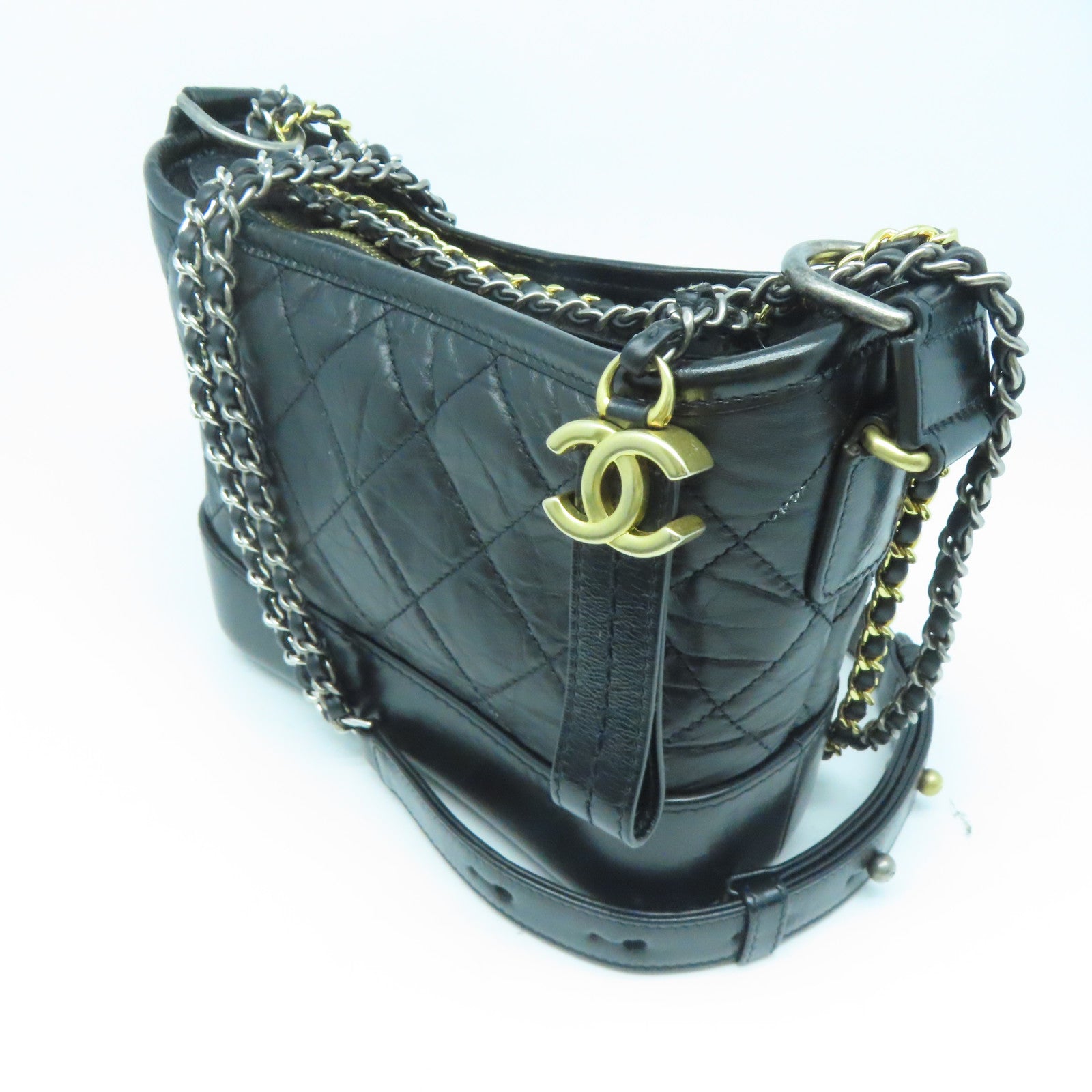 CHANEL 菱格牛皮皮革Gabrielle链带肩背袋黑色