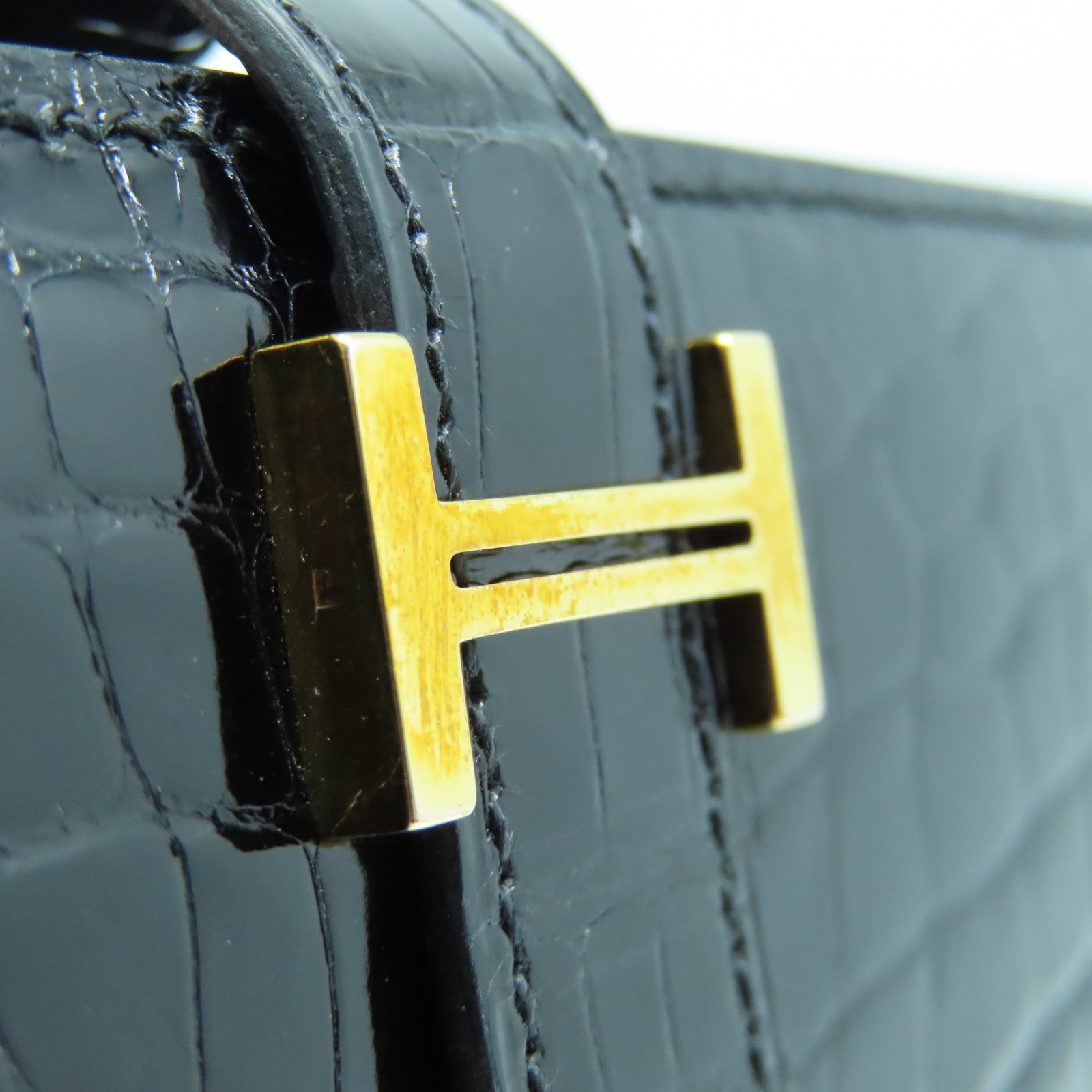 HERMES 鱷魚皮革Bearn Wallet金扣長錢包黑色