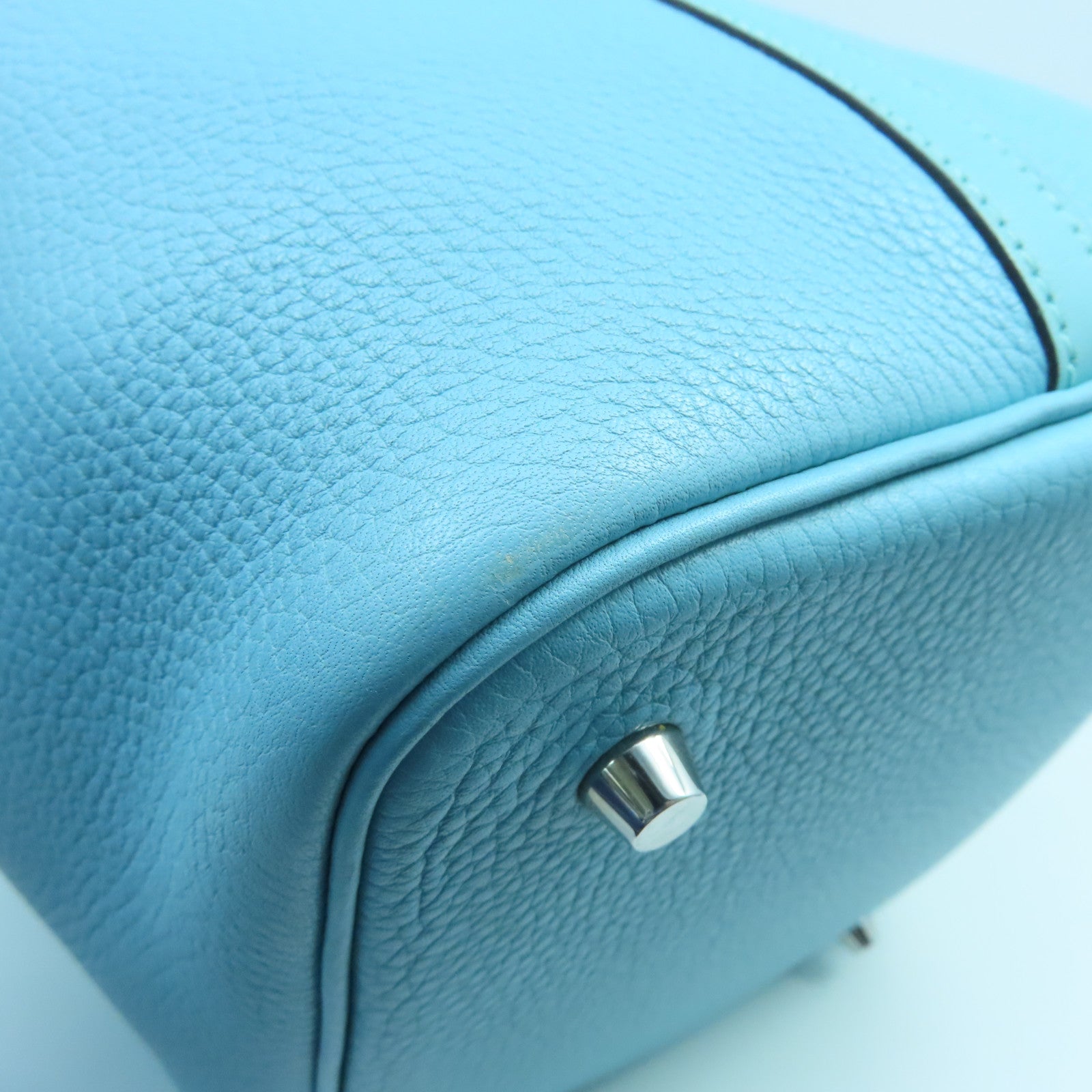 HERMES Clemence Leather Picotin Lock MM Silver Buckle Handle Bag Tiffany Blue