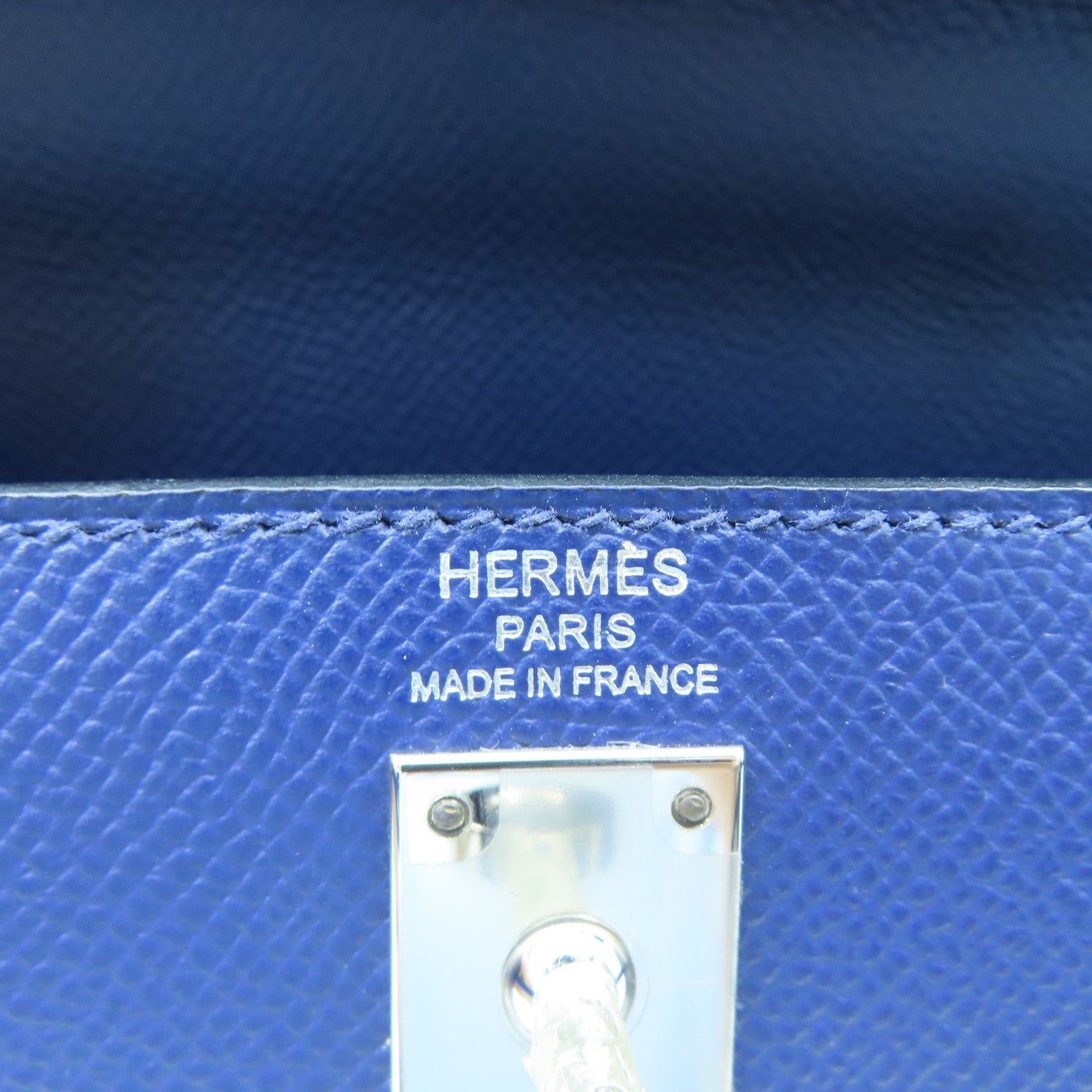 HERMES Epsom Leather Kelly 25 Silver Buckle Handle Shoulder Bag Sapphire Blue/Black