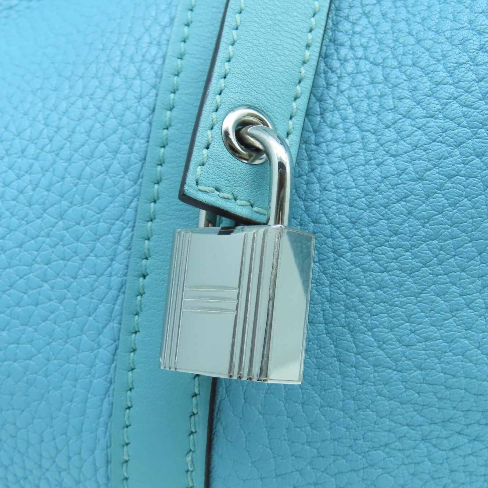 HERMES Clemence Leather Picotin Lock MM Silver Buckle Handle Bag Tiffany Blue