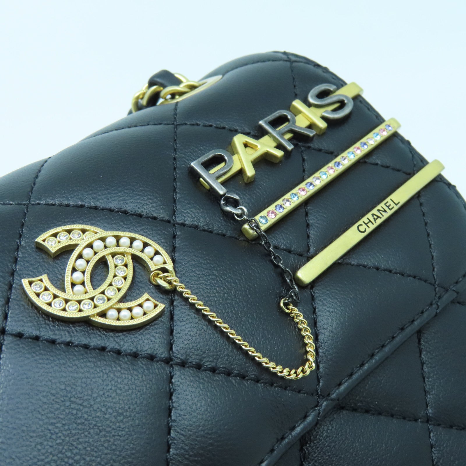 CHANEL Diamond Sheepskin Leather Pearl Hairpin Badge Chain Shoulder Bag Black