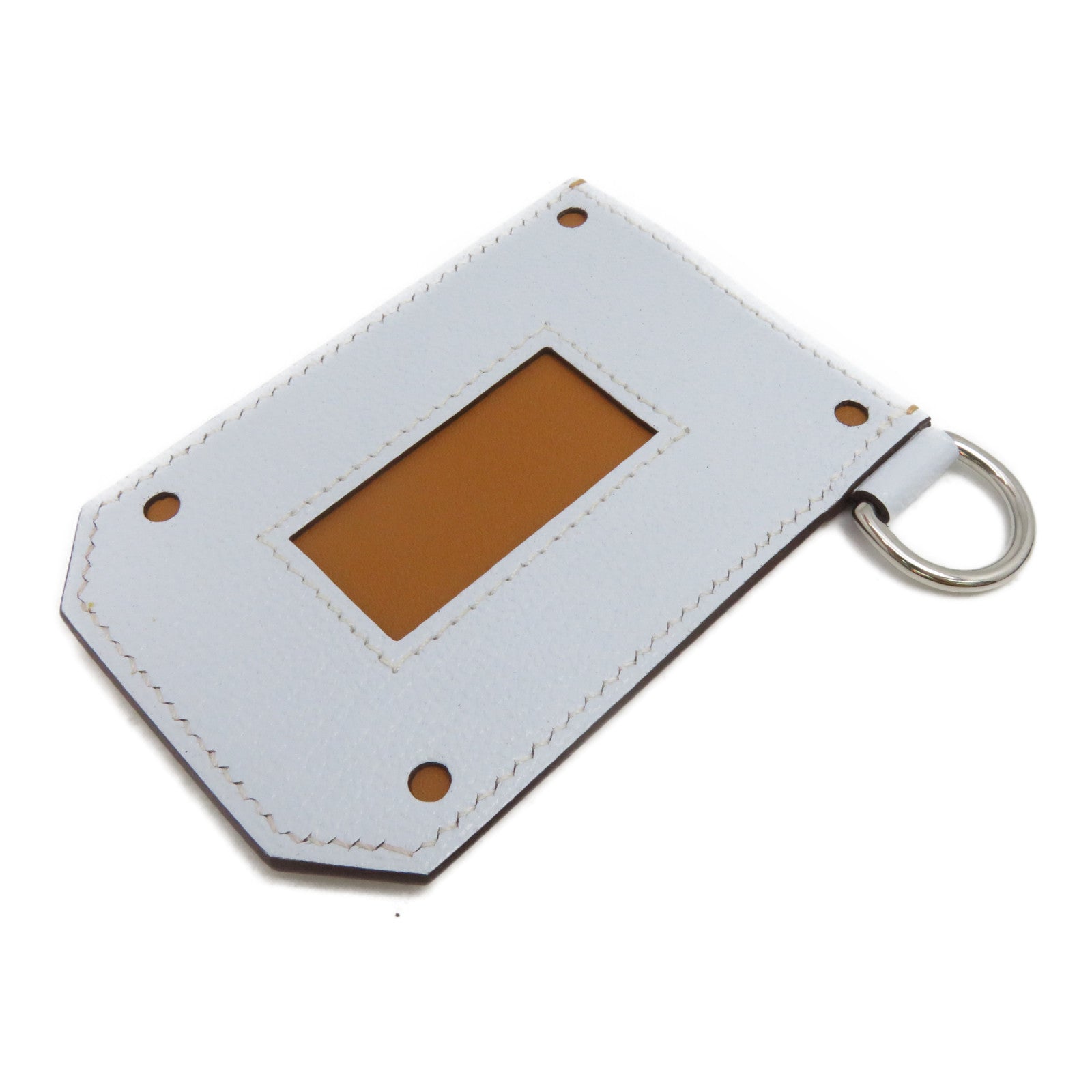 HERMES Chevre皮革Card Case银扣卡片套T0 Bleu Brume/37Gold浅蓝色/啡色