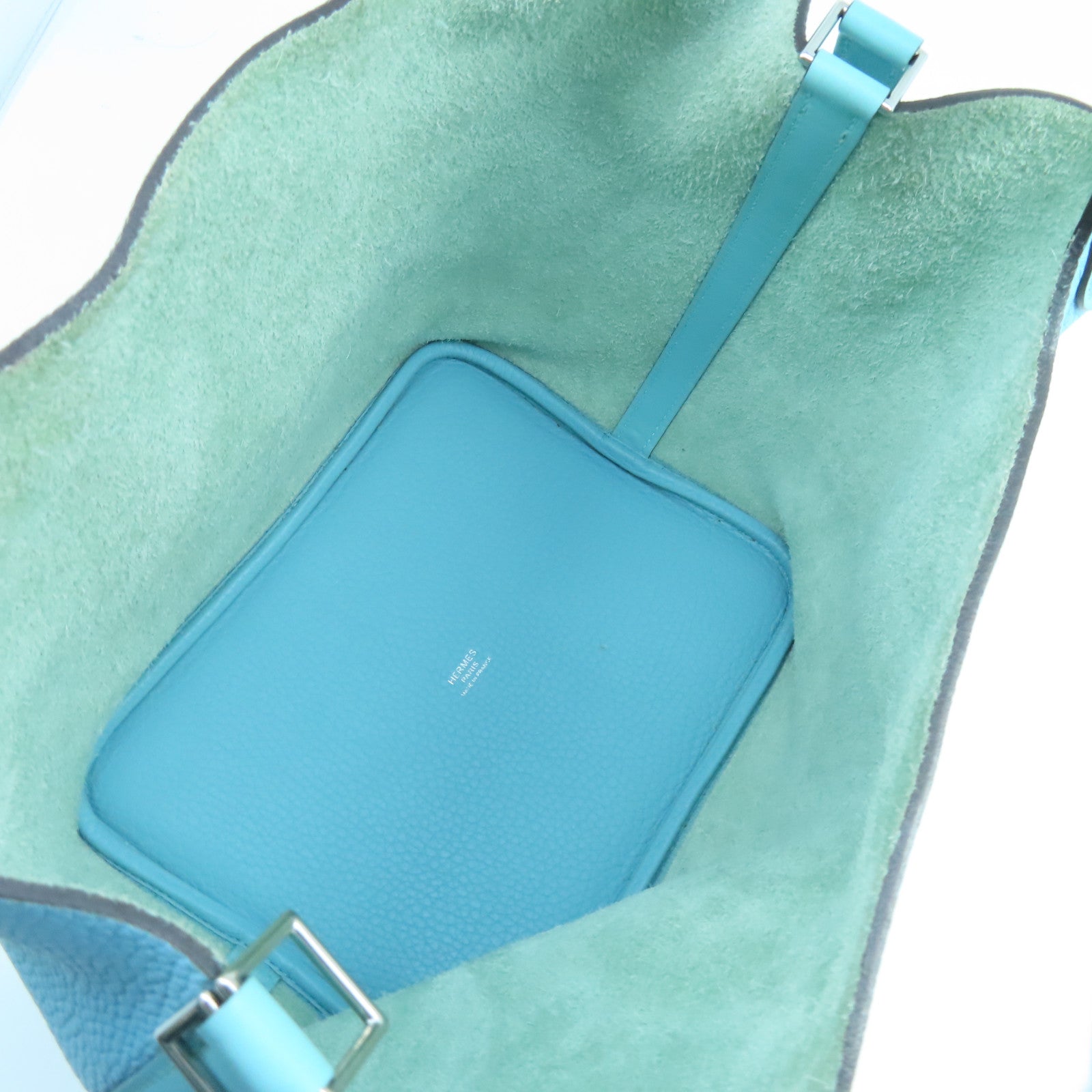 HERMES Clemence Leather Picotin Lock MM Silver Buckle Handle Bag Tiffany Blue