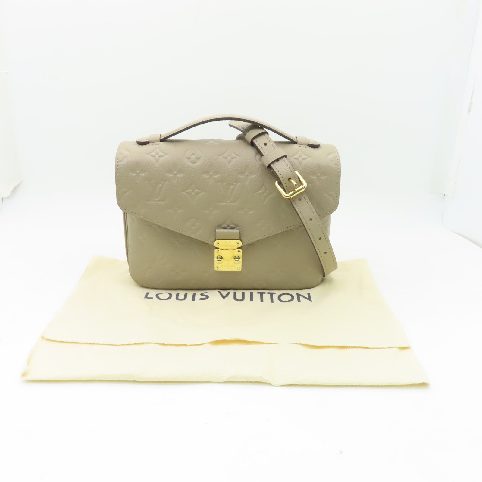 LOUIS VUITTON Monogram Empreinte Pochette Metis金扣手挽肩背兩用袋米色