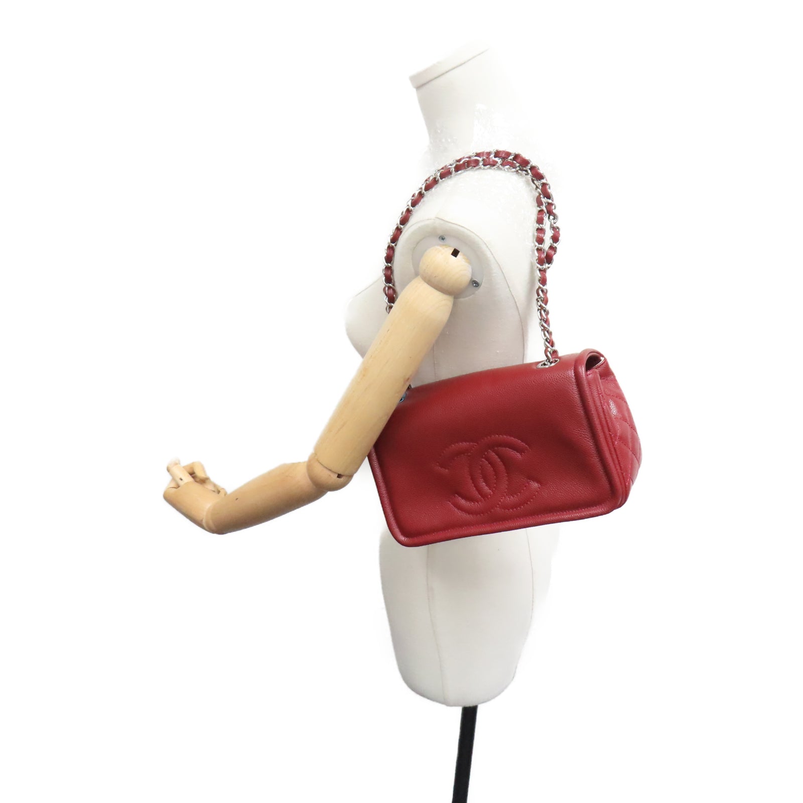 CHANEL 【激減優惠】菱格Caviar皮革Chain Shoulder銀扣鏈帶肩背袋紅色