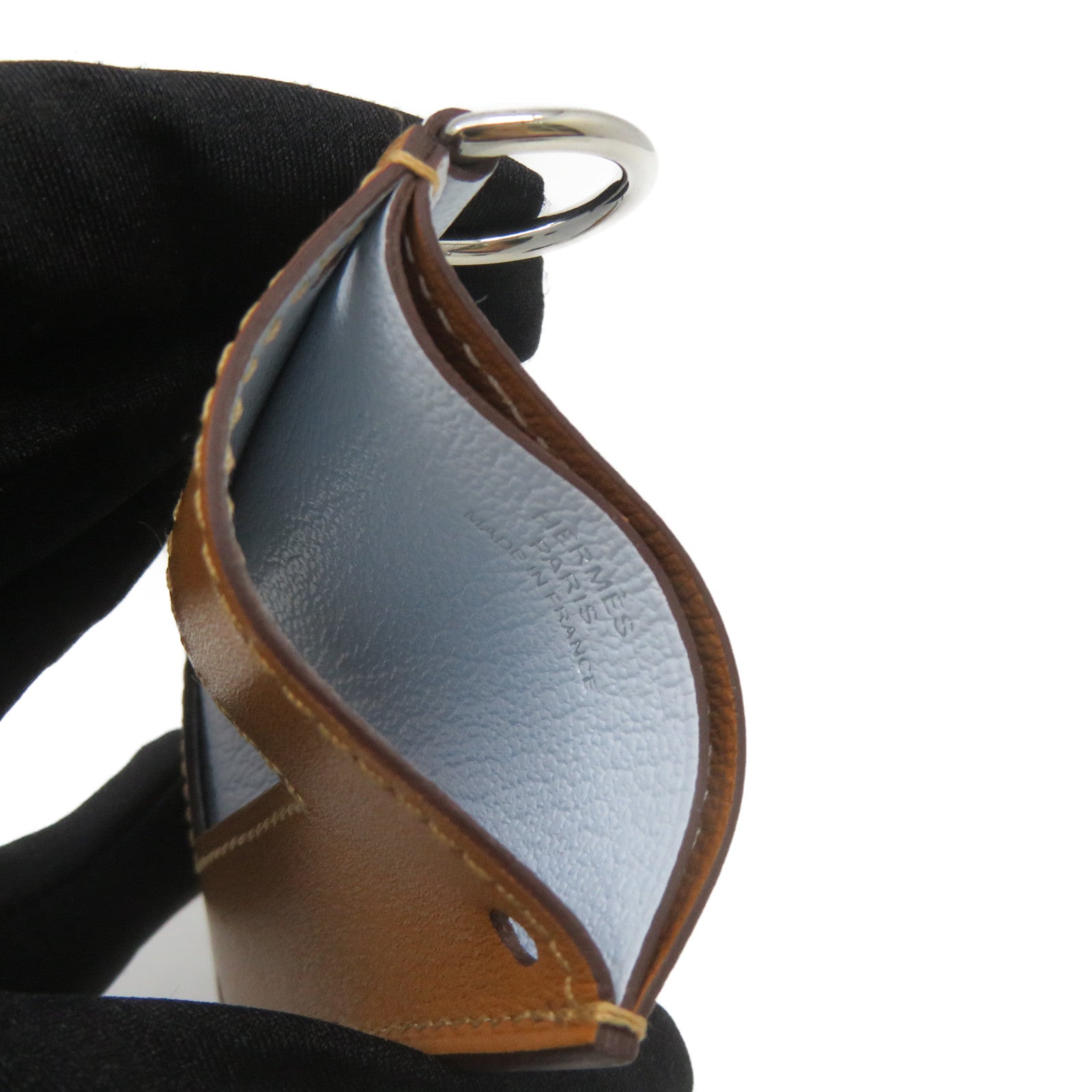 HERMES Chevre皮革Card Case银扣卡片套T0 Bleu Brume/37Gold浅蓝色/啡色