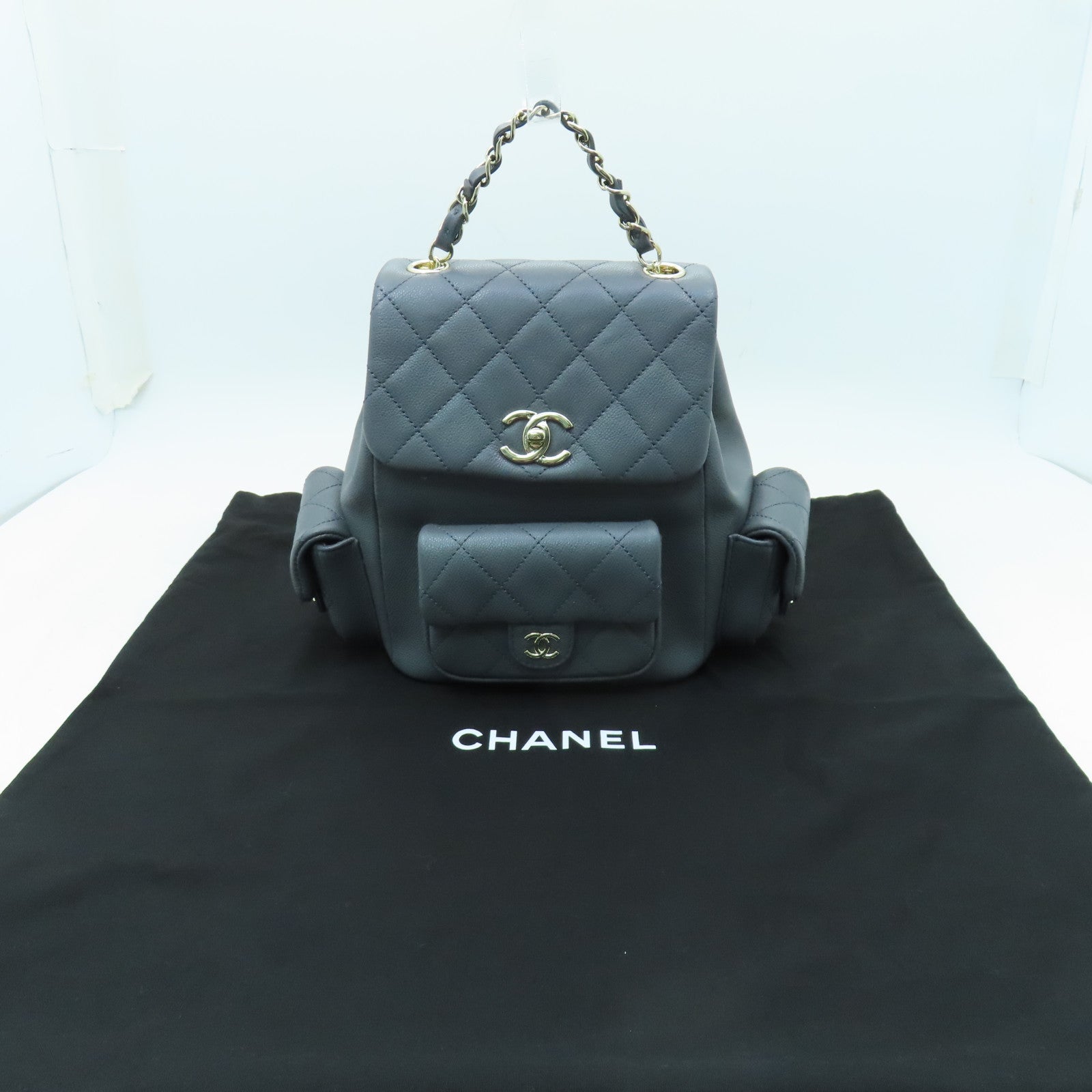 CHANEL 菱格牛皮皮革Backpack金扣背包灰色