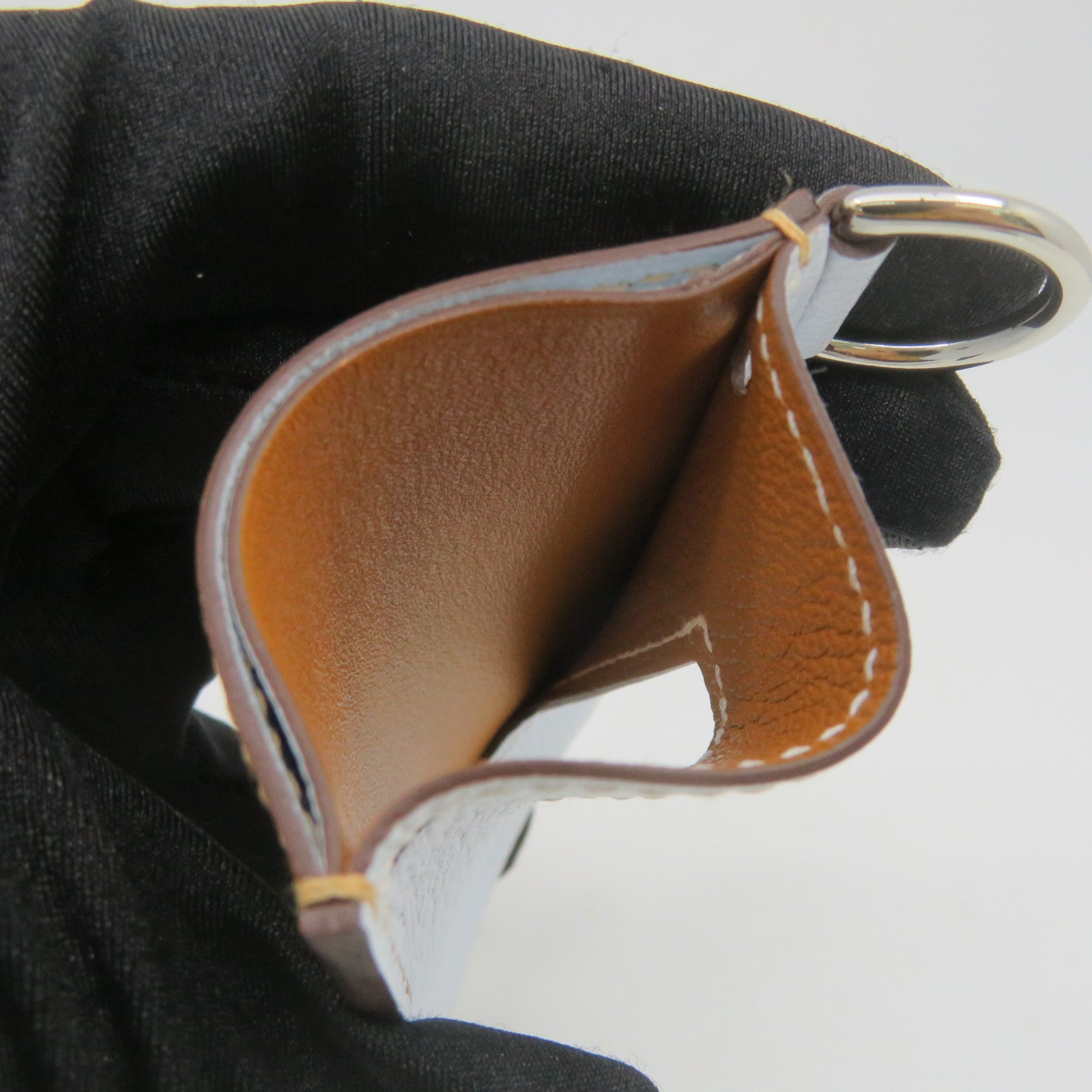 HERMES Chevre皮革Card Case银扣卡片套T0 Bleu Brume/37Gold浅蓝色/啡色