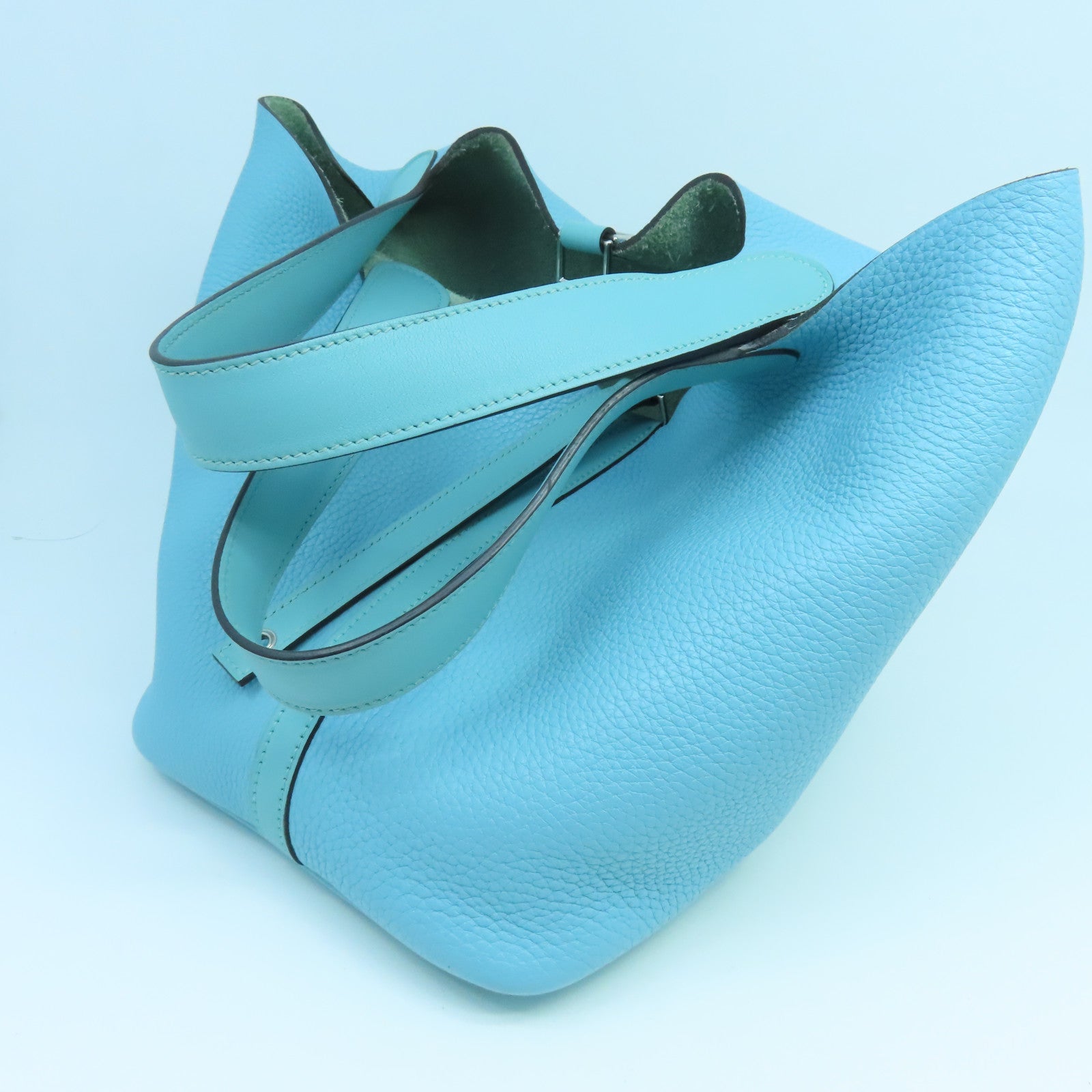 HERMES Clemence Leather Picotin Lock MM Silver Buckle Handle Bag Tiffany Blue