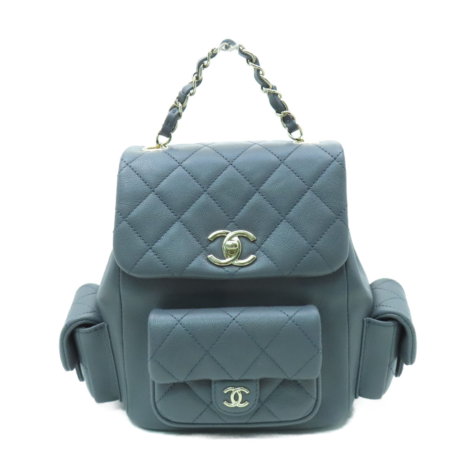 CHANEL 菱格牛皮皮革Backpack金扣背包灰色