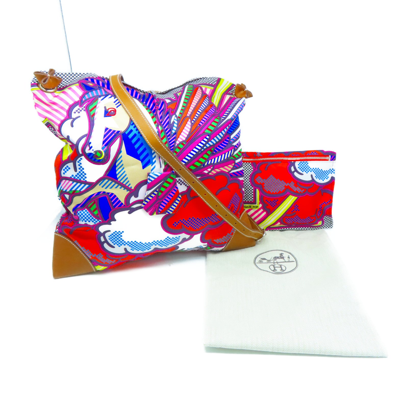 HERMES 絲質/皮革Silky City銀扣肩背袋彩色