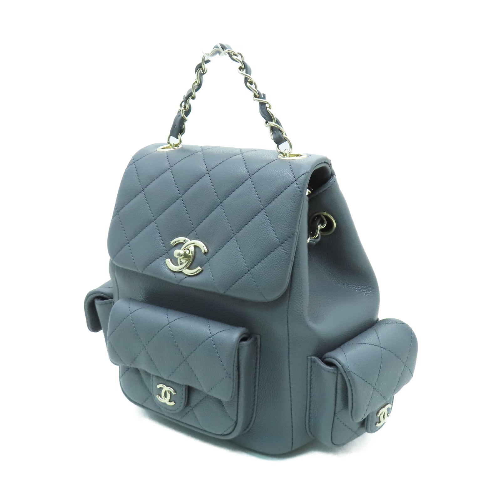 CHANEL 菱格牛皮皮革Backpack金扣背包灰色