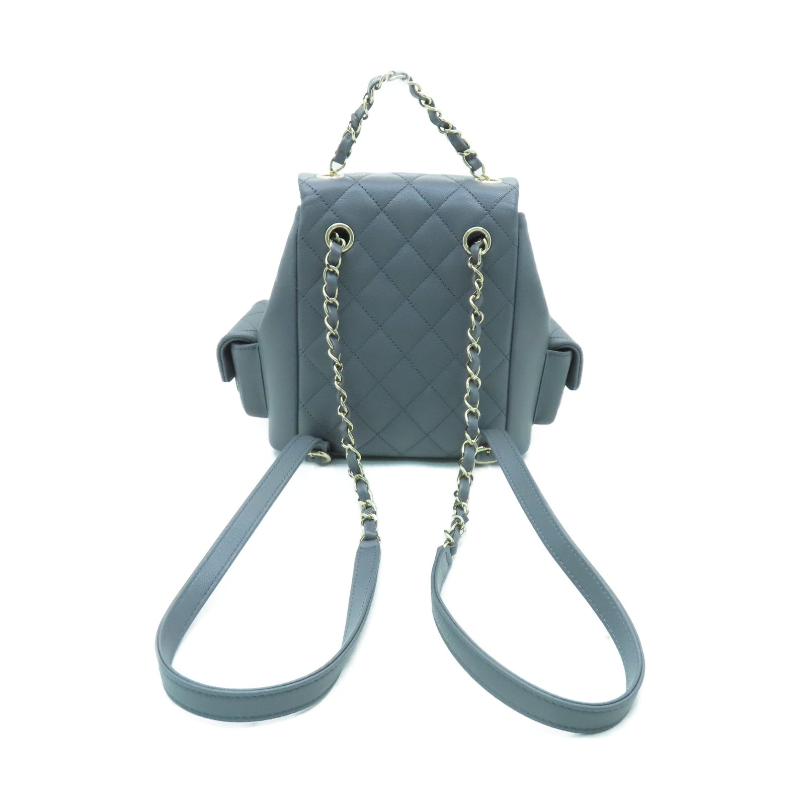 CHANEL 菱格牛皮皮革Backpack金扣背包灰色